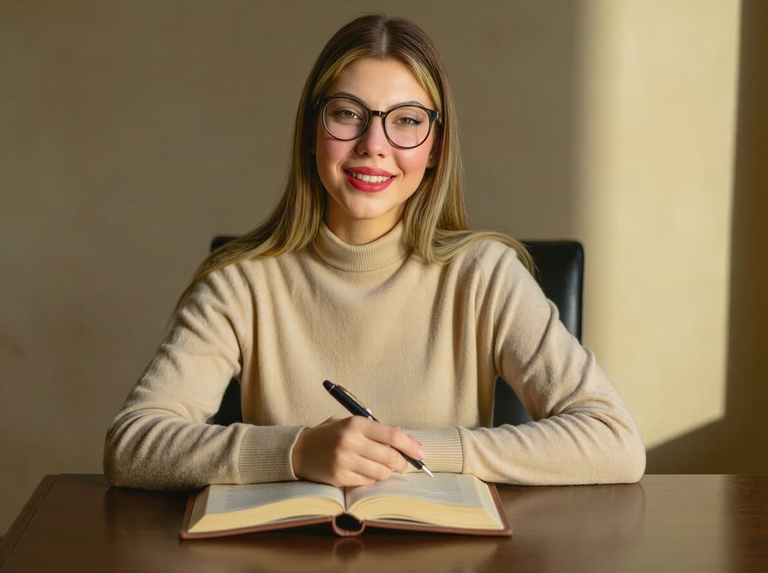 Smiling young woman wearing glasses and beige turtleneck writing in a book.