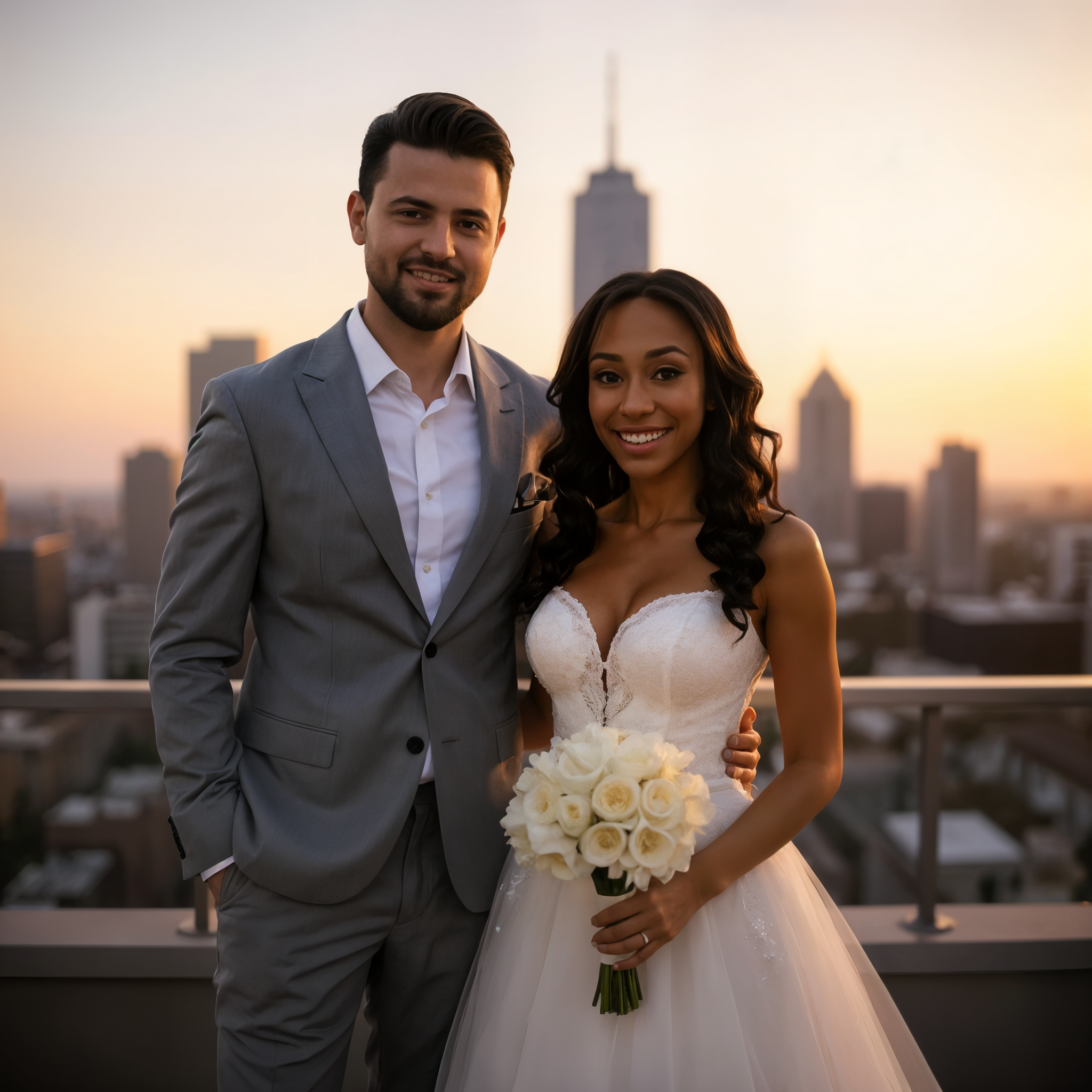 A happy bride and groom pose together on a rooftop at sunset, with the city skyline in the background, the bride holding a bouquet of white roses.