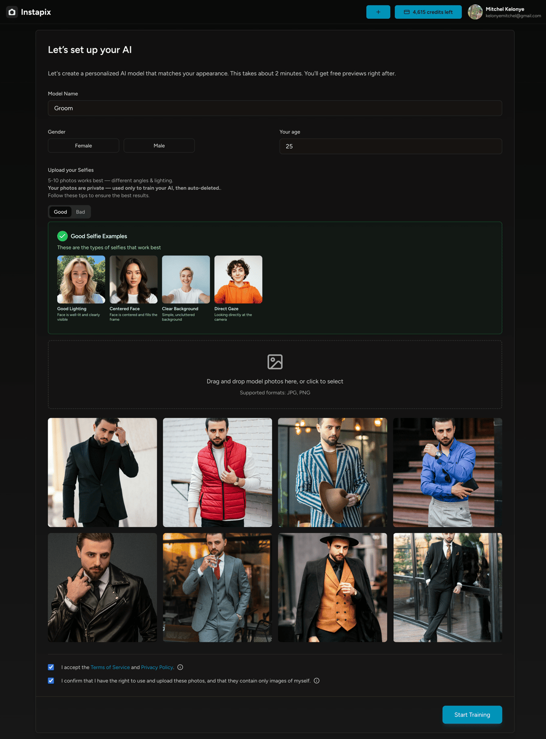 User interface for Instapix AI model setup, featuring photo upload section with examples of good selfies, and a display of various images of a male model in stylish outfits.