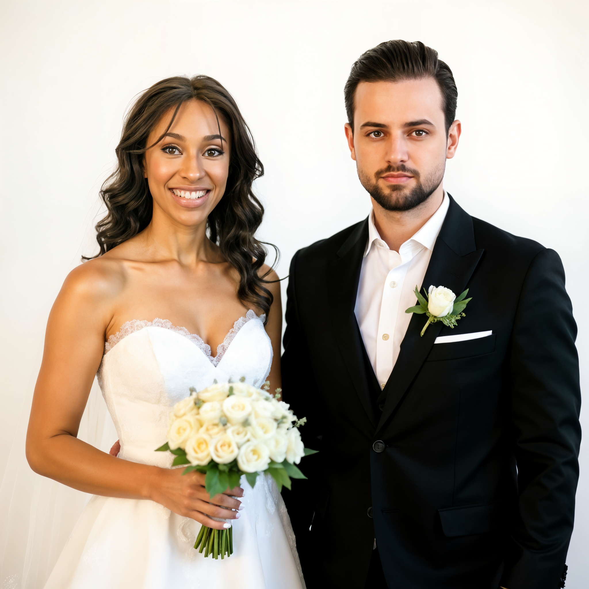 A smiling bride in a white strapless wedding gown holds a bouquet of cream roses, standing next to a groom in a black suit with a white boutonniere.