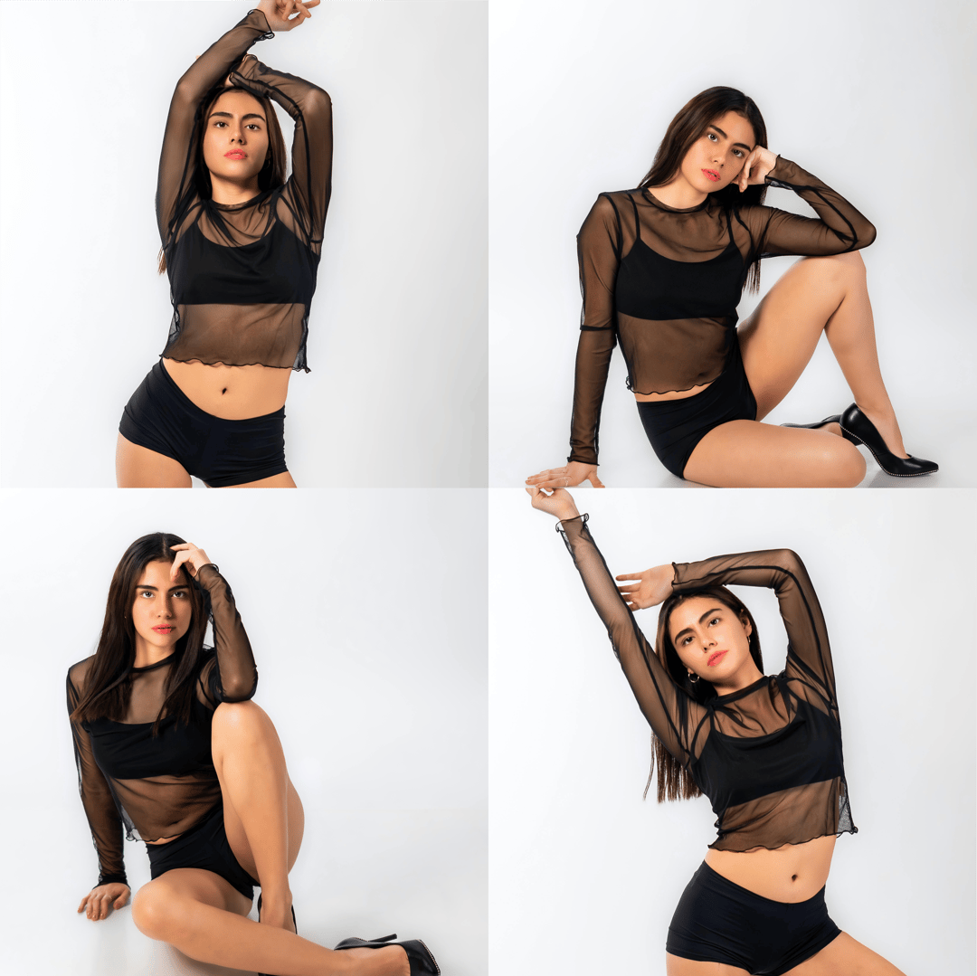 Fashion model in a sheer black long-sleeve top and shorts, posing gracefully against a white background in four dynamic images, showcasing modern style and elegance.