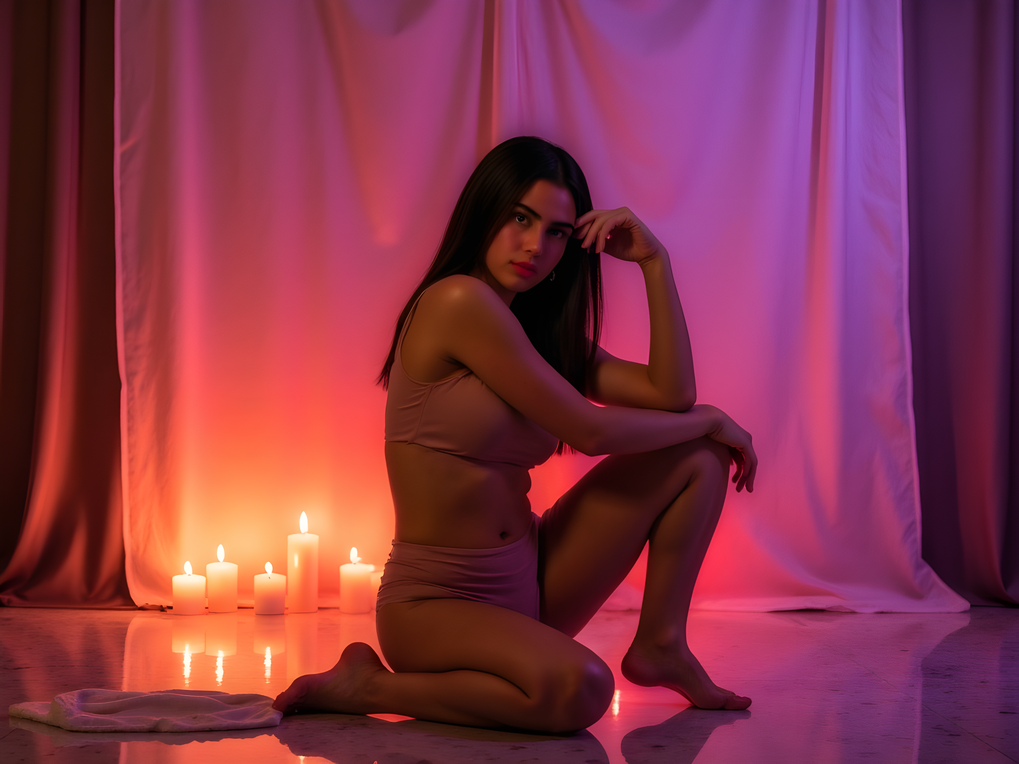 Relaxing woman in ambient lighting, seated by candles against softly colored drapery.