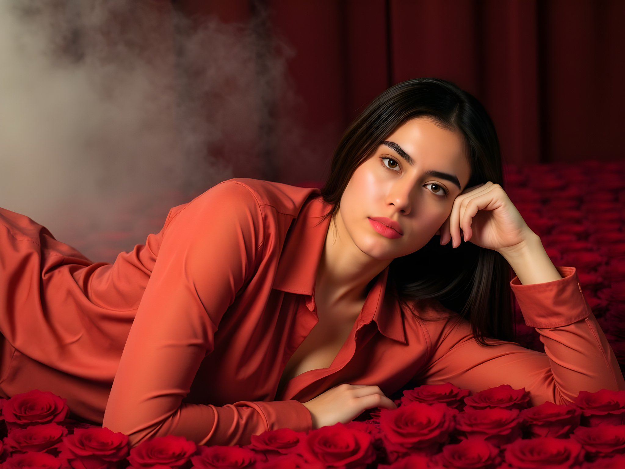 Portrait of a woman in an orange shirt reclining among red roses with soft smoke in the background, conveying elegance and serenity.