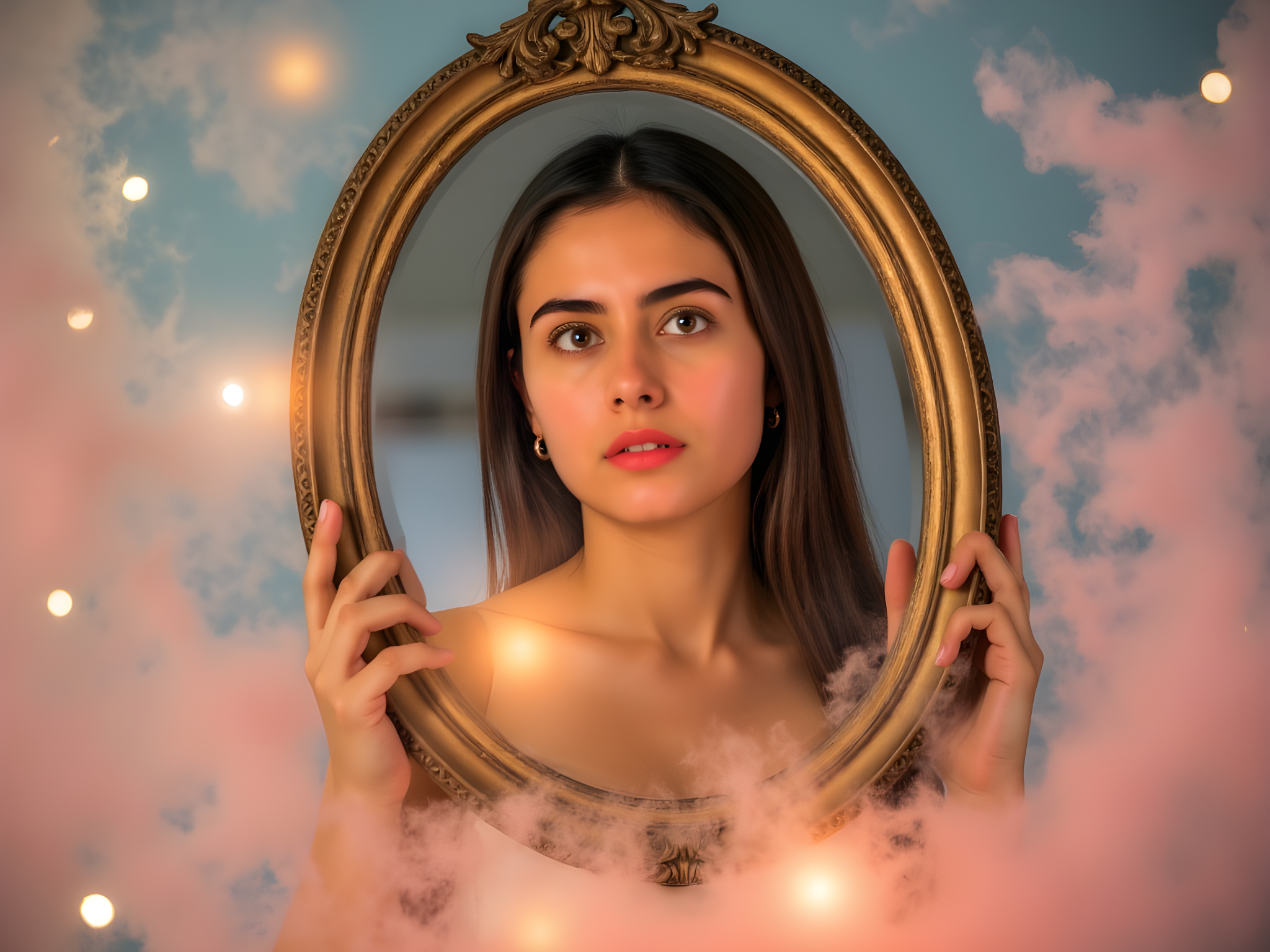 Young woman gazing thoughtfully into a vintage mirror surrounded by soft pink clouds and warm lights.