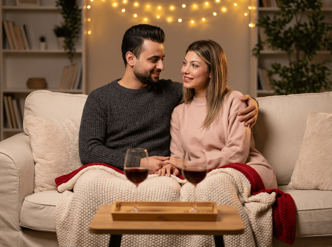 Intimate couple portrait on a couch with warm blankets, string lights, and wine glasses, showcasing a cozy Valentine's evening.