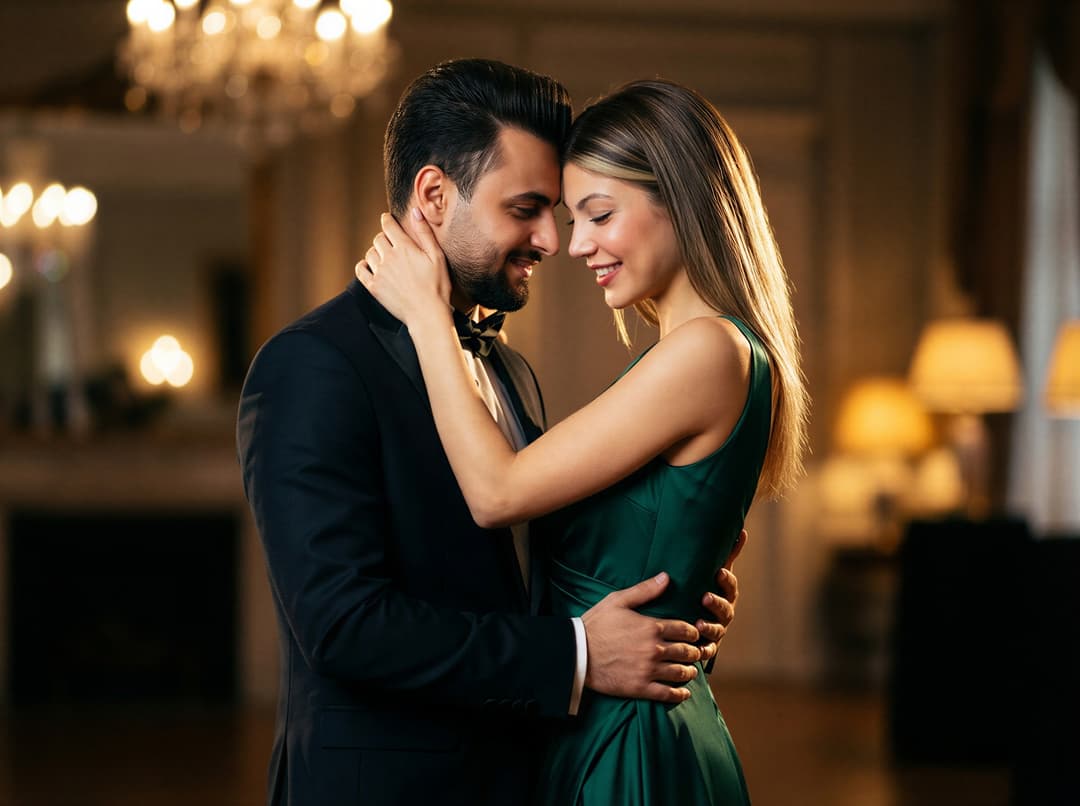 Intimate slow dance portrait of a formally dressed couple, soft focus background suggesting a ballroom or elegantly lit living room.