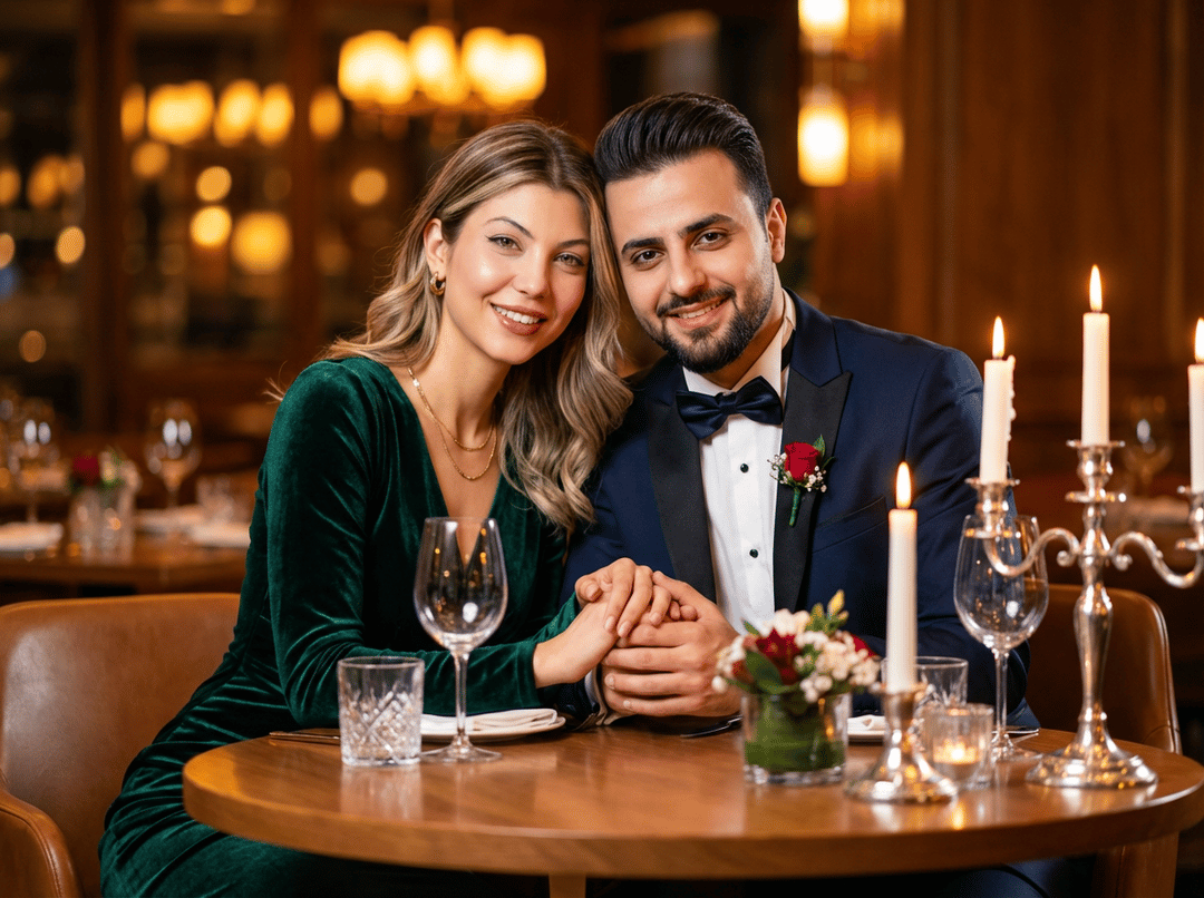 Sophisticated couple portrait in formal dinner attire, soft bokeh background of an upscale restaurant, celebrating Valentine's Day.