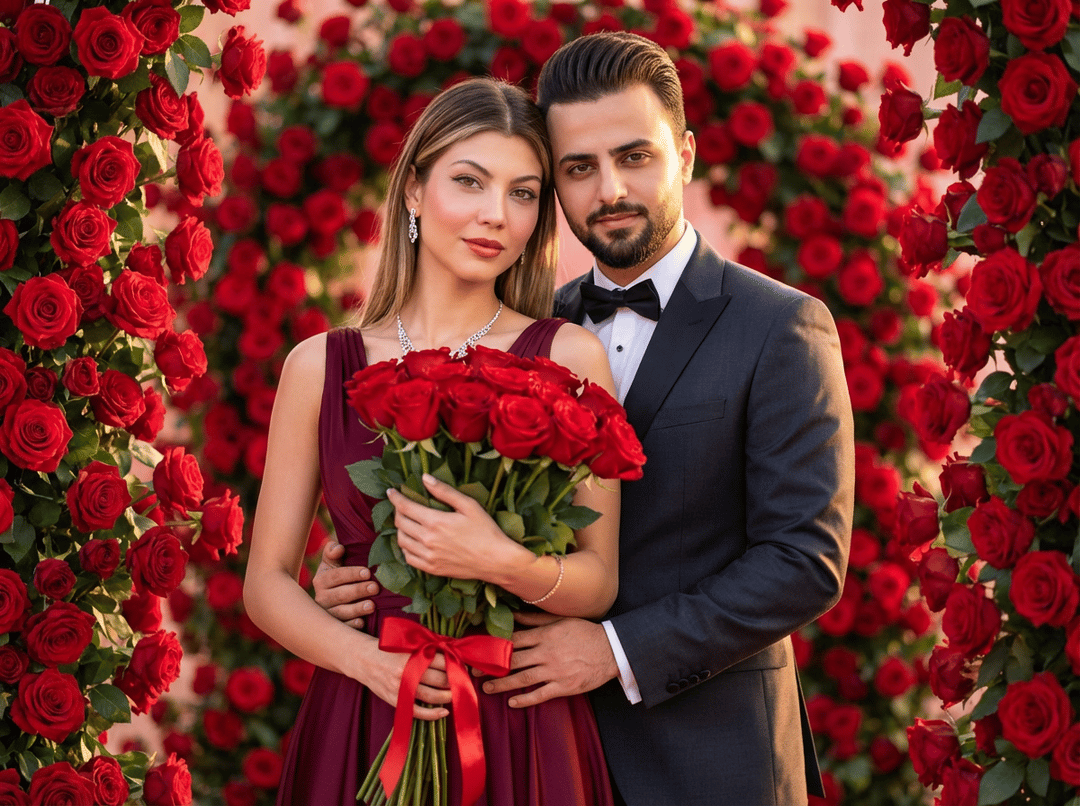 Elegant Valentine's couple portrait surrounded by vibrant red roses, formal attire, soft romantic lighting symbolizing deep love.
