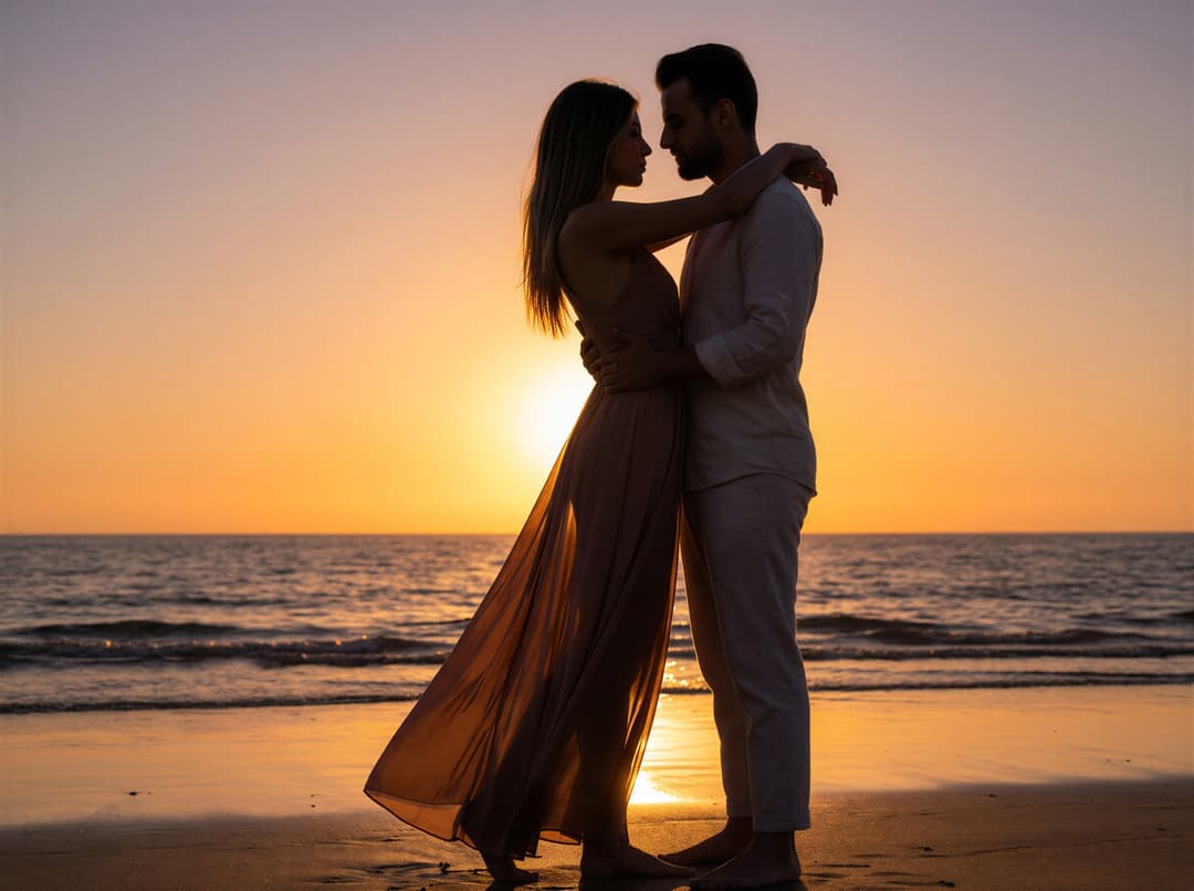 Romantic couple portrait silhouetted against a vibrant golden hour sunset, embracing in a cinematic, warm outdoor setting.