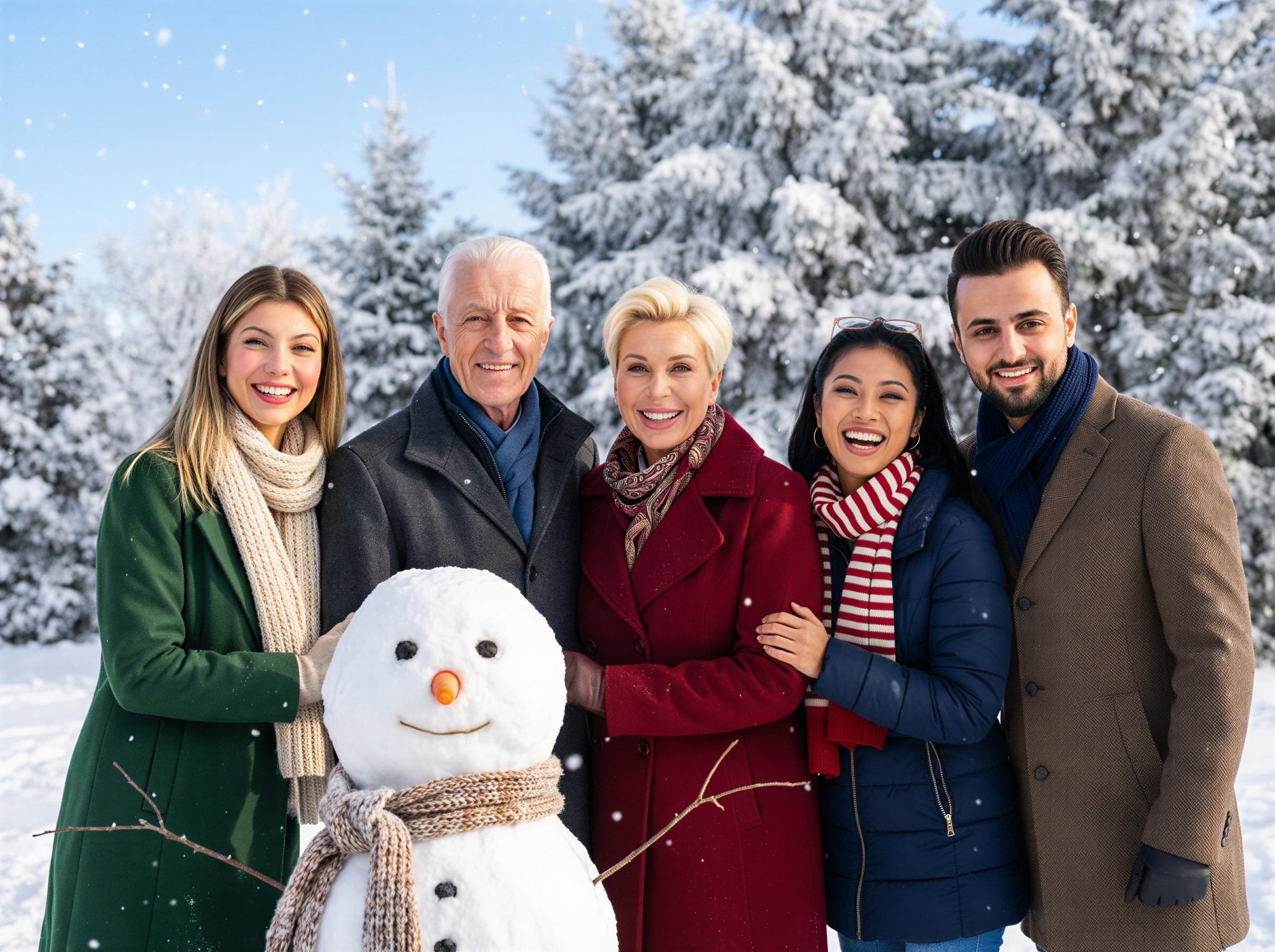 Happy family posing with a snowman in a snowy winter landscape.