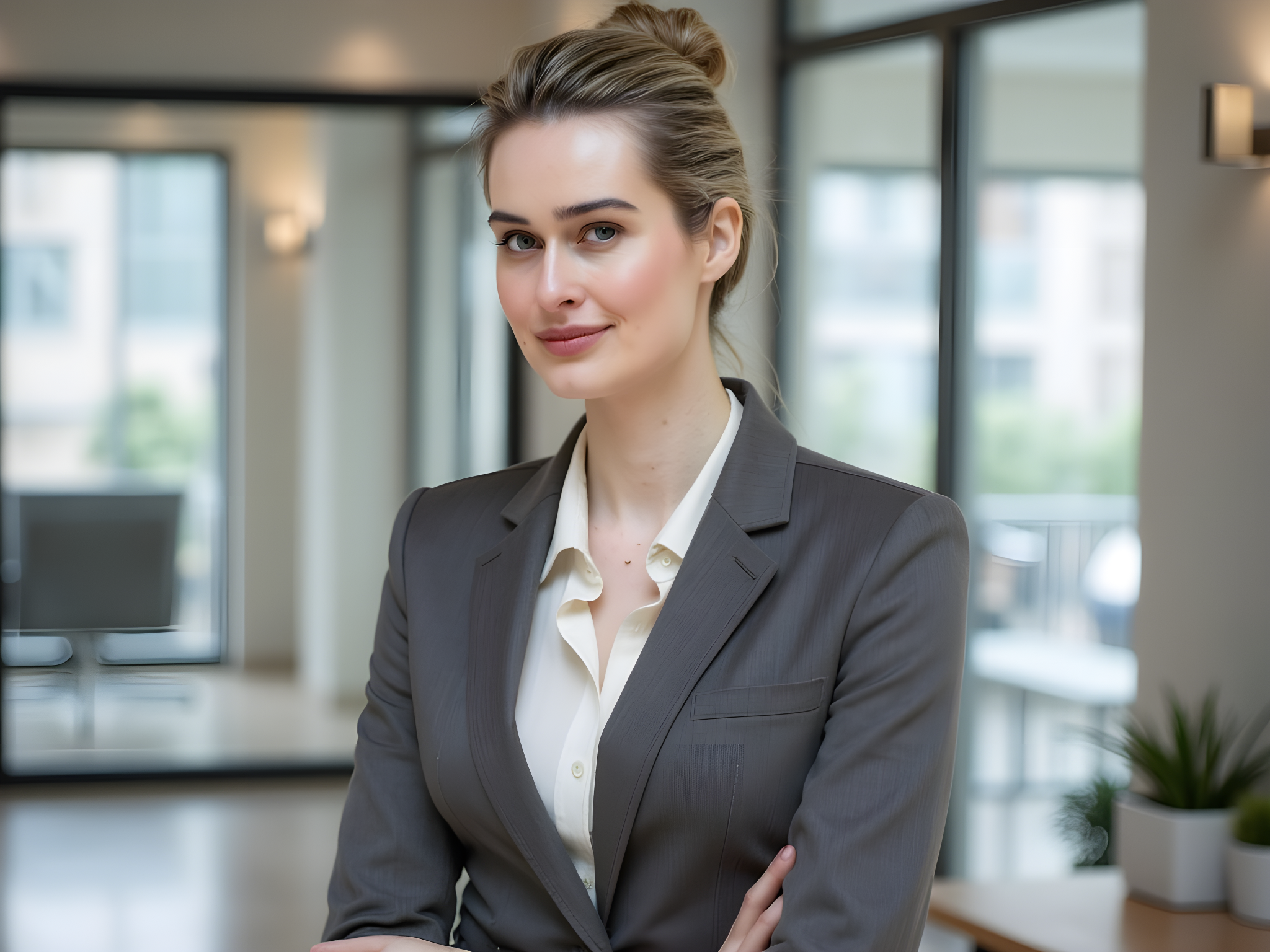 A poised and assertive female executive, aged 28, encapsulating the essence of power and sophistication. She stands tall in a tailored charcoal grey mikado silk blazer featuring sharp, princess seams and a classic white silk blouse underneath, perfectly cinched at the waist by a sleek leather belt. The high-waisted trousers complement the ensemble, tailored to perfection with a bold, pocketless design that elongates her silhouette. Her hair is styled in a sleek bun, framing a confident yet approachable expression, her makeup refined with a hint of rosy blush and understated elegance. The setting is a modern office space, filled with soft natural light filtering through glass windows, casting a warm glow. Minimalistic decor emphasizes her presence, a testament to her leadership and ambition. The composition employs the rule of thirds, highlighting her stature. This image evokes a sense of empowerment and ambition, capturing the modern corporate woman's journey toward success.