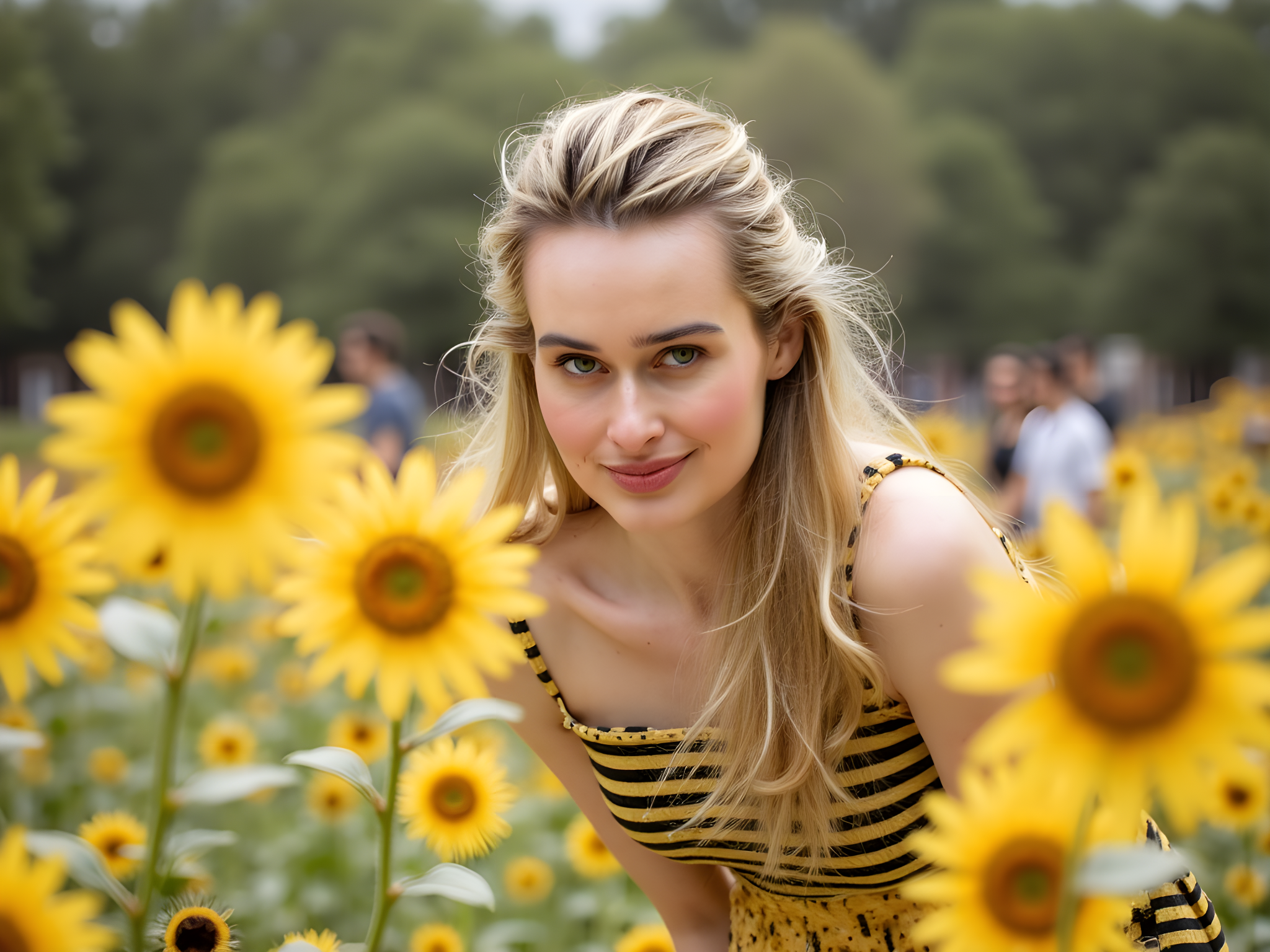 A vibrant and whimsical portrait of a 28-year-old woman, embodying the playful essence of a bumblebee. Dressed in a striking yellow and black striped A-line dress made from soft chiffon that flutters with movement, she emerges from a lush floral garden, surrounded by daisies and sunflowers. Her outfit features delicate tulle cap sleeves and a hand-embroidered honeycomb pattern along the hem, adding a touch of haute couture charm. Her hair is styled in loose, bouncy curls interspersed with miniature floral accessories that mirror her surroundings. She poses with a playful tilt of her head and a bright smile, showcasing a sense of joy and freedom. The soft, golden light of a late afternoon sun casts a warm glow, enhancing the colors and creating dreamy bokeh in the background. This portrait captures the spirit of nature and femininity, evoking a sense of summer enchantment and whimsical romance.