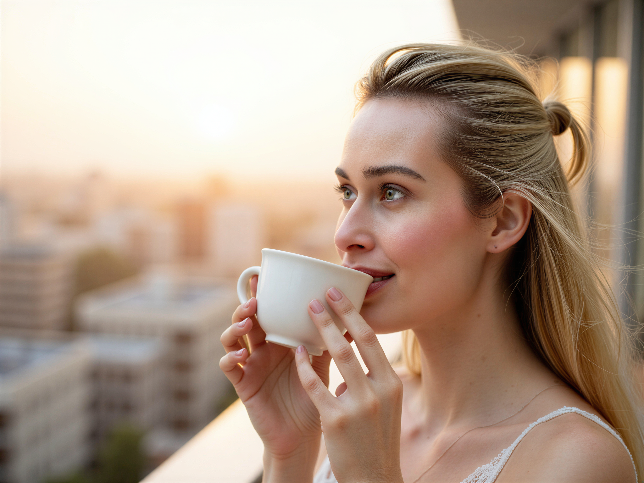 A woman with long blonde hair enjoys a warm drink on a balcony at sunset, gazing thoughtfully into the distance with a cityscape in the background.