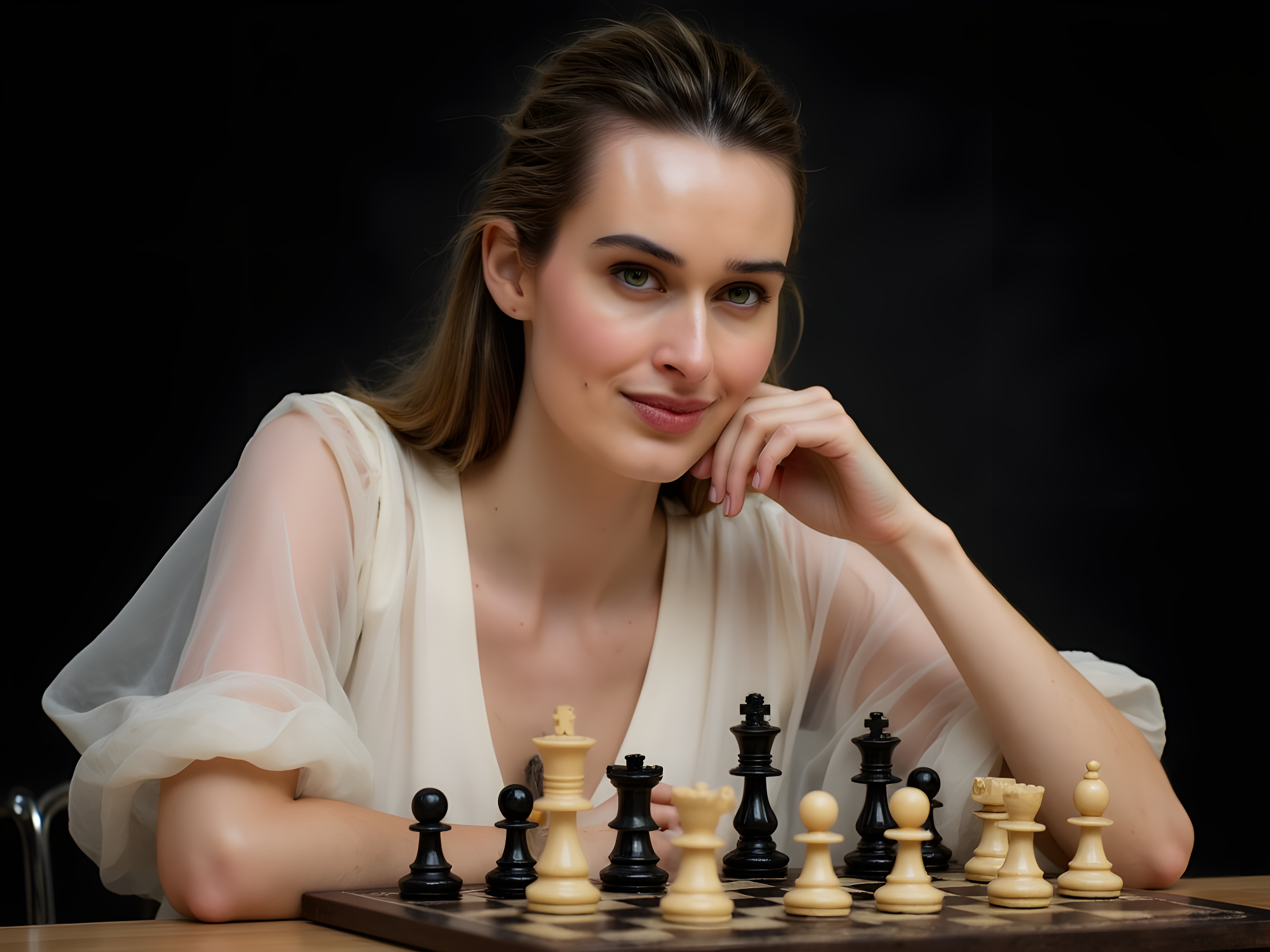 A striking portrait of a 28-year-old female chess player, poised in a moment of contemplation. She sits at a sleek, modern chess table, adorned in a flowing, ivory silk blouse with delicate billowing sleeves that contrast against the stark black background. Her dark, slicked-back hair accentuates her sharp features, while intense green eyes are focused on the chessboard, conveying both strategy and grace. The chess pieces are arranged in mid-game, hinting at an intriguing battle of wits. The lighting is warm and directional, casting soft shadows that highlight the texture of her attire and the glossy surface of the board. This image captivates the intellect and femininity in a sophisticated exploration of modern chess culture.
