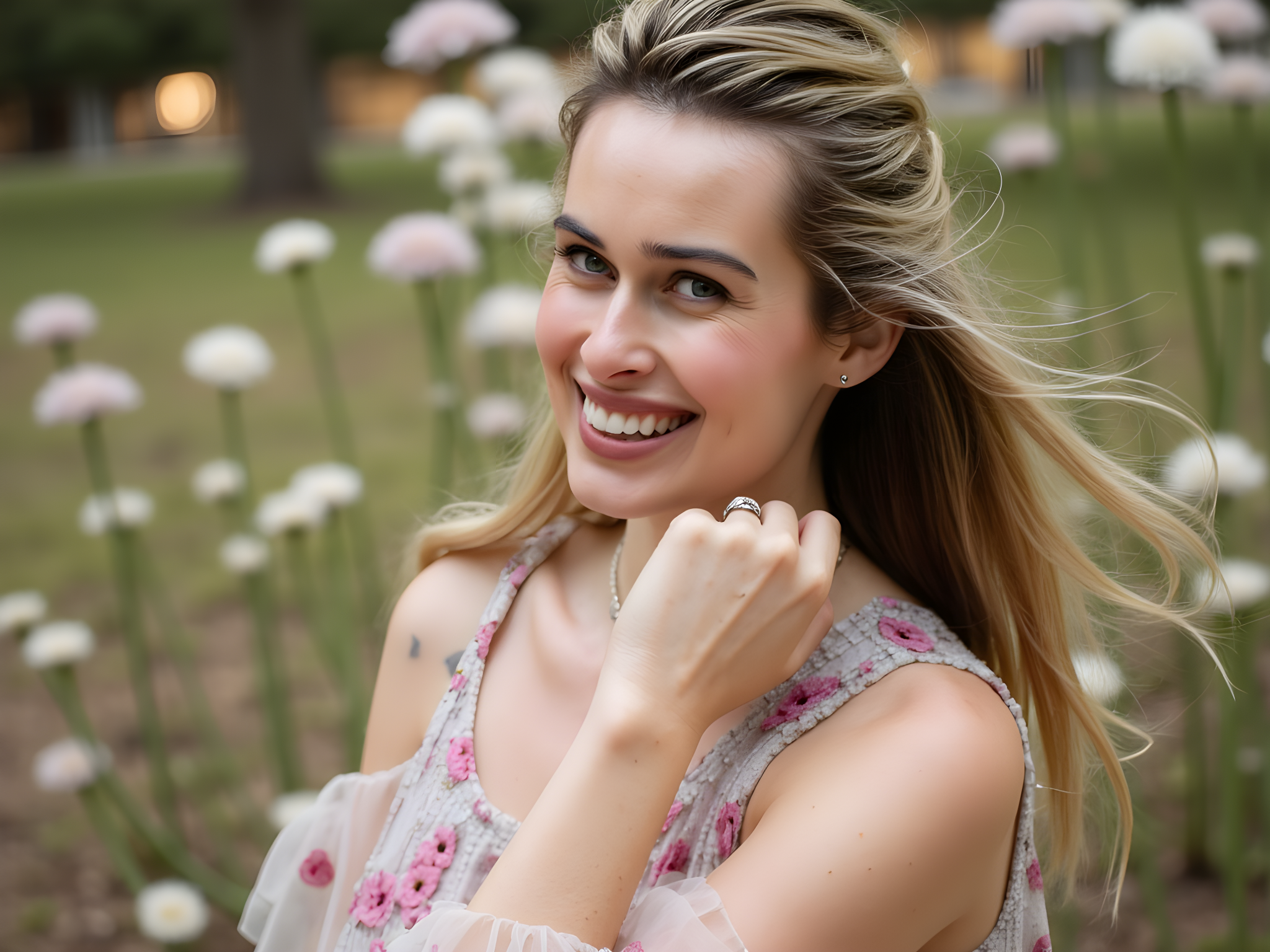 A vibrant and engaging portrait of a 28-year-old woman, captured in a playful, outdoor setting that feels intimate and inviting. She’s styled in a flowy, floral chiffon dress in soft pastel hues, with wispy sleeves fluttering in the gentle breeze. Natural light bathes her in warmth, highlighting her cheerful smile and twinkling eyes that radiate authenticity and charm. Her hair cascades in loose, beachy waves, adorned with a delicate flower crown that enhances her bohemian allure. The background features a lush garden, with blooming flowers and greenery forming a serene, dreamy atmosphere. This image captures the essence of modern romance, combining the allure of personal connection with a reinvigorating sense of nature and freedom.