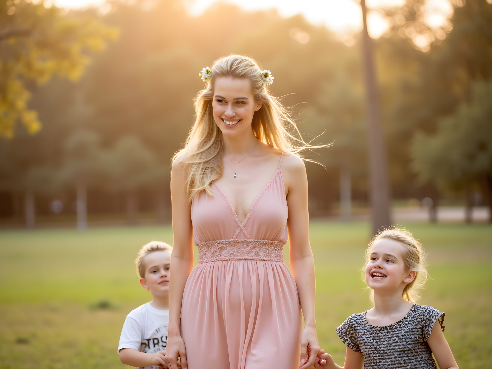 A 28-year-old woman, embodying the essence of contemporary motherhood, stands in a sun-drenched park with her children, radiating warmth and connection. She wears a flowing, blush pink maxi dress crafted from chiffon georgette, its lightweight fabric gently dancing in the breeze. The dress features delicate ruffle details along the sleeves and a cinched waist that highlights her silhouette. Her hair cascades in soft waves, adorned with a simple floral crown made of daisies and wildflowers. The scene is filled with laughter, as her two children, a girl and boy, play around her. The soft golden hour light bathes the moment in a dreamy glow, illuminating the love and joy shared among them. This image captures the emotional resonance of family, radiating both grace and playful spontaneity, making it a poignant portrayal of modern family life.