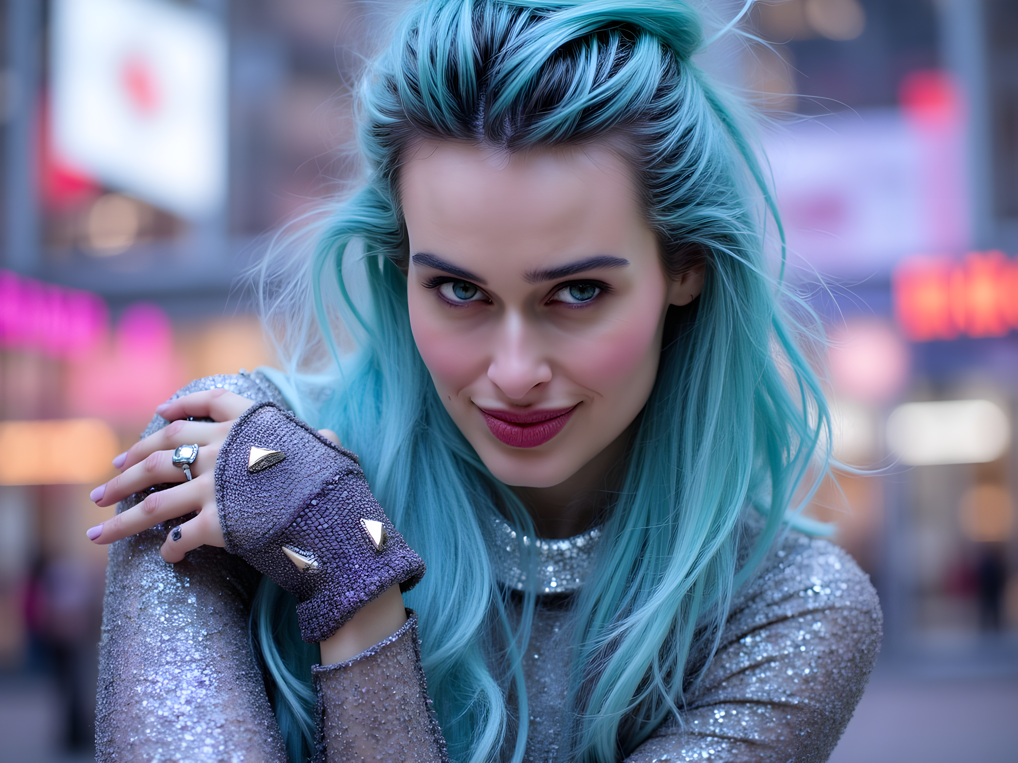 A striking portrait of a female anime character, aged 28, embodying the fierce spirit of a futuristic warrior. She has vibrant teal hair that cascades in textured waves, adorned with neon accessories. Her outfit is a bold blend of form-fitting armor and ethereal fabric, showcasing layered textures in iridescent shades of silver and midnight blue, reflecting light like a shimmering galaxy. The character is poised dramatically, with one hand resting on the hilt of a glowing sword, ready for action. Her eyes, large and expressive, radiate determination and courage, framed by intricate eyeliner and vibrant mascara. The background features a high-tech cityscape with neon lights and holographic elements, enhancing the otherworldly ambiance. This image captures both elegance and strength, invoking the allure of anime aesthetics with a modern twist.