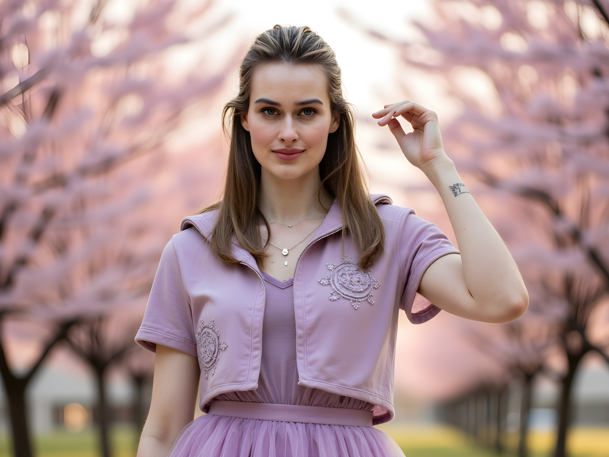 A striking 28-year-old woman, embodying the essence of Hinata Hyuga from the beloved anime Naruto, stands in a serene yet powerful pose amidst a cherry blossom grove. Adorned in a tailored lilac short-sleeve hooded jacket made of flowing chiffon, the garment features intricate embroidery of the Hyuga clan's symbol in silver thread. Her skirt is a layered blend of soft tulle and silk, gracefully cascading around her in flowing waves. The gentle breeze lifts her delicate strands of long, dark hair, framing her heart-shaped face, which is adorned with soft, natural makeup that accentuates her gentle features and deep, expressive lavender eyes. The setting sun casts a soft glow, highlighting the ethereal quality of the moment as pink blossoms flutter around her. The composition is artfully crafted with a balance of negative space, emphasizing her character's calm strength and inner beauty while evoking a sense of nostalgia for the world of shinobi.