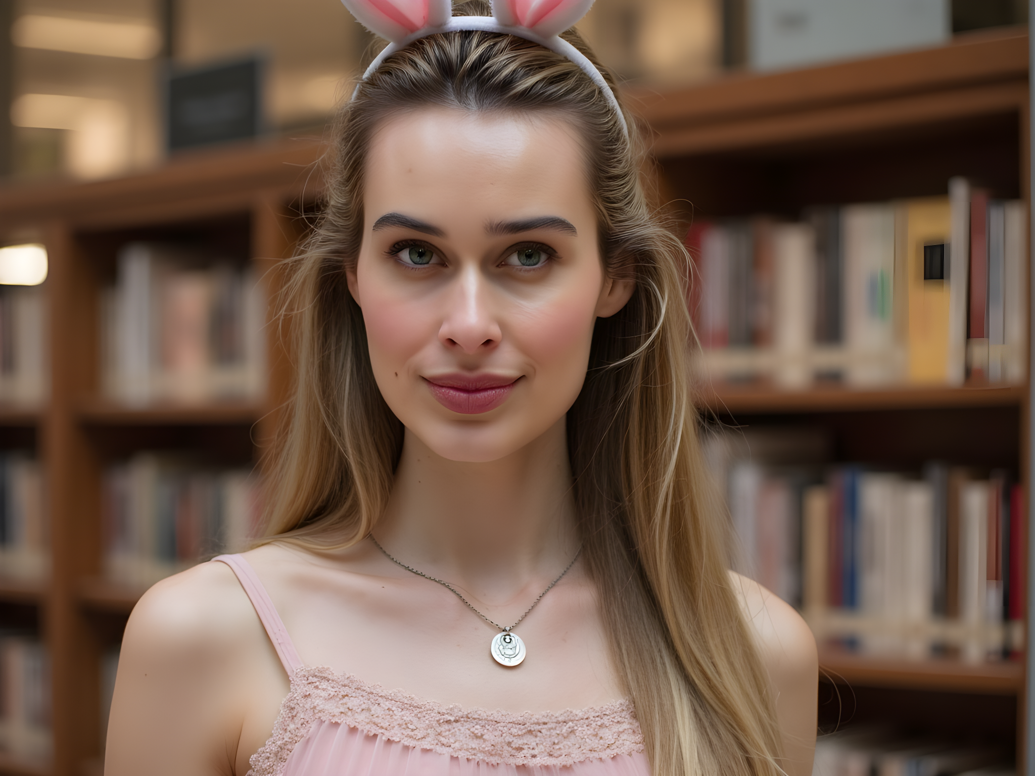 A captivating portrait of a 28-year-old woman embodying the essence of Mai Sakurajima from 'Rascal Does Not Dream of Bunny Girl Senpai.' She is styled in a chic, layered, pastel pink dress with delicate lace trim, reflecting a blend of youthful innocence and mature femininity. The setting features a softly lit library with towering bookshelves filled with books, creating an atmosphere of intellectual allure. Her long, flowing hair cascades down her back, complemented by a pair of bunny ear headband resting atop her head. The subtle expression on her face conveys a sense of introspective strength and quiet resilience. The lighting is warm, mimicking the golden hour, as it gently illuminates her features and casts soft shadows around her, enhancing the emotional depth of the image. This portrait captures the enchanting charm and complexity of the character, providing a sense of nostalgia and modernity that invites viewers to delve deeper into her story.