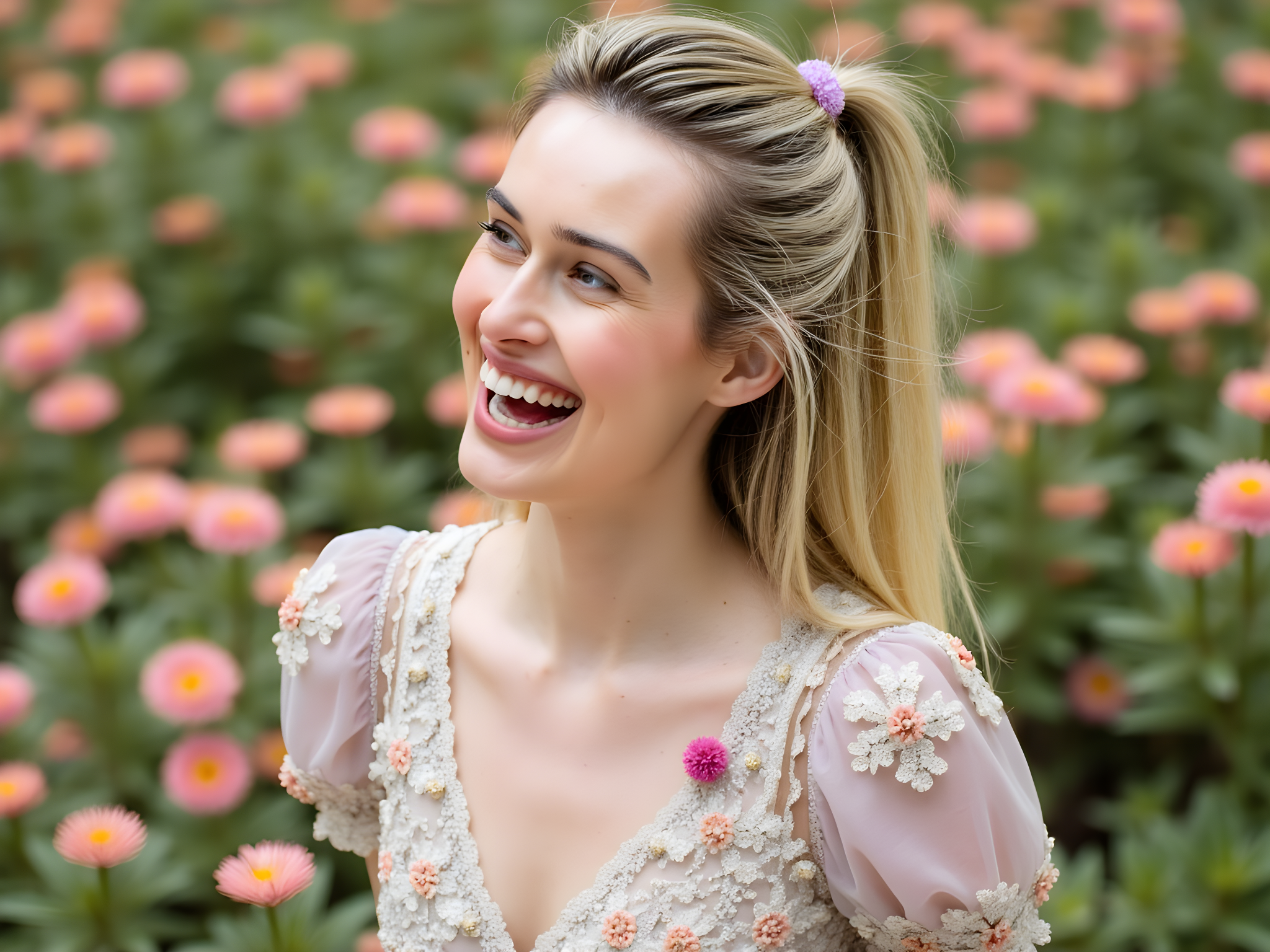 An enchanting 28-year-old female model embodies the playful and vibrant spirit of Marin Kitagawa, a character renowned for her bold fashion sense and vibrant personality. She wears a charming pastel floral mini dress adorned with voluminous puff sleeves and intricate lace detailing, capturing an essence of youthful exhilaration and whimsy. Her hair is styled in soft, tousled waves, cascading around her shoulders, with playful hairpins that incorporate shades of pink and lavender. The setting is a sun-drenched garden, bursting with blooming flowers that echo her dress's palette, casting delicate shadows across her radiant smile. The composition employs soft, diffused lighting to create a dreamlike quality, with the model posed as if caught mid-laughter, embodying the joy and excitement that comes with self-expression. This image aims to capture not just fashion, but also the vibrant character of a modern muse, radiating confidence and charm.