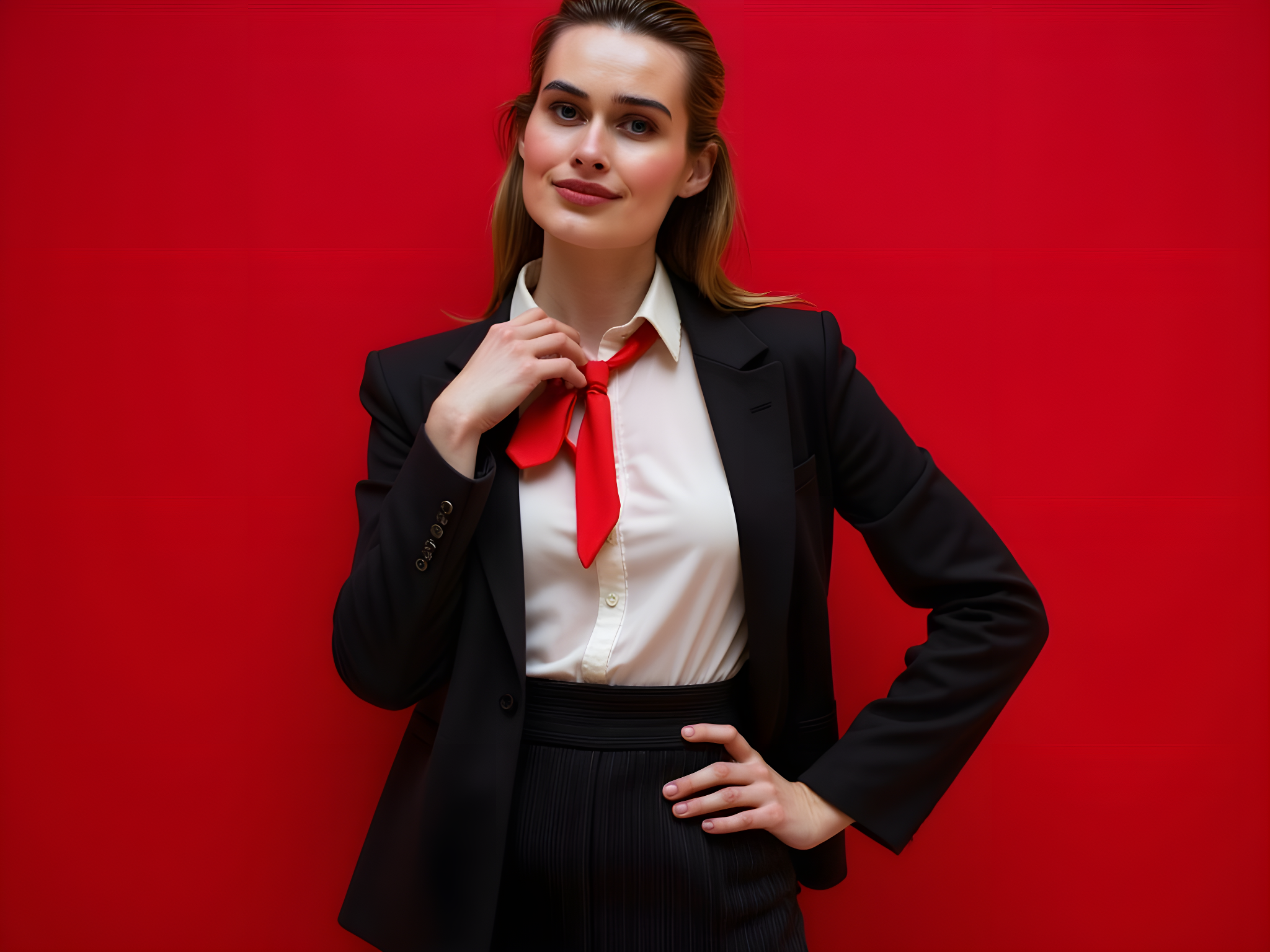 A mesmerizing portrayal of a 28-year-old female model embodying Mary Saotome from the hit series Kakegurui. She stands against a contrasting crimson background, wearing a tailored black blazer with sharp, angular shoulders and a crisp white shirt, left partially unbuttoned for a provocative edge. Below, a high-waisted skirt in pinstripe fabric adds sophistication to her look, while a bold red necktie, loosely knotted, injects a hint of mischief. Her hair, styled in sleek waves, frames a face adorned with striking cat-eye eyeliner and a subtle, knowing smirk that hints at her cunning intelligence. The composition features low, dramatic lighting that casts fascinating shadows, enhancing her confident pose — one hand resting on her hip while the other lightly tugging on the necktie. This setup captures the duality of her character: elegance intertwined with the thrill of gambling, evoking an atmosphere of high stakes and strategic allure.