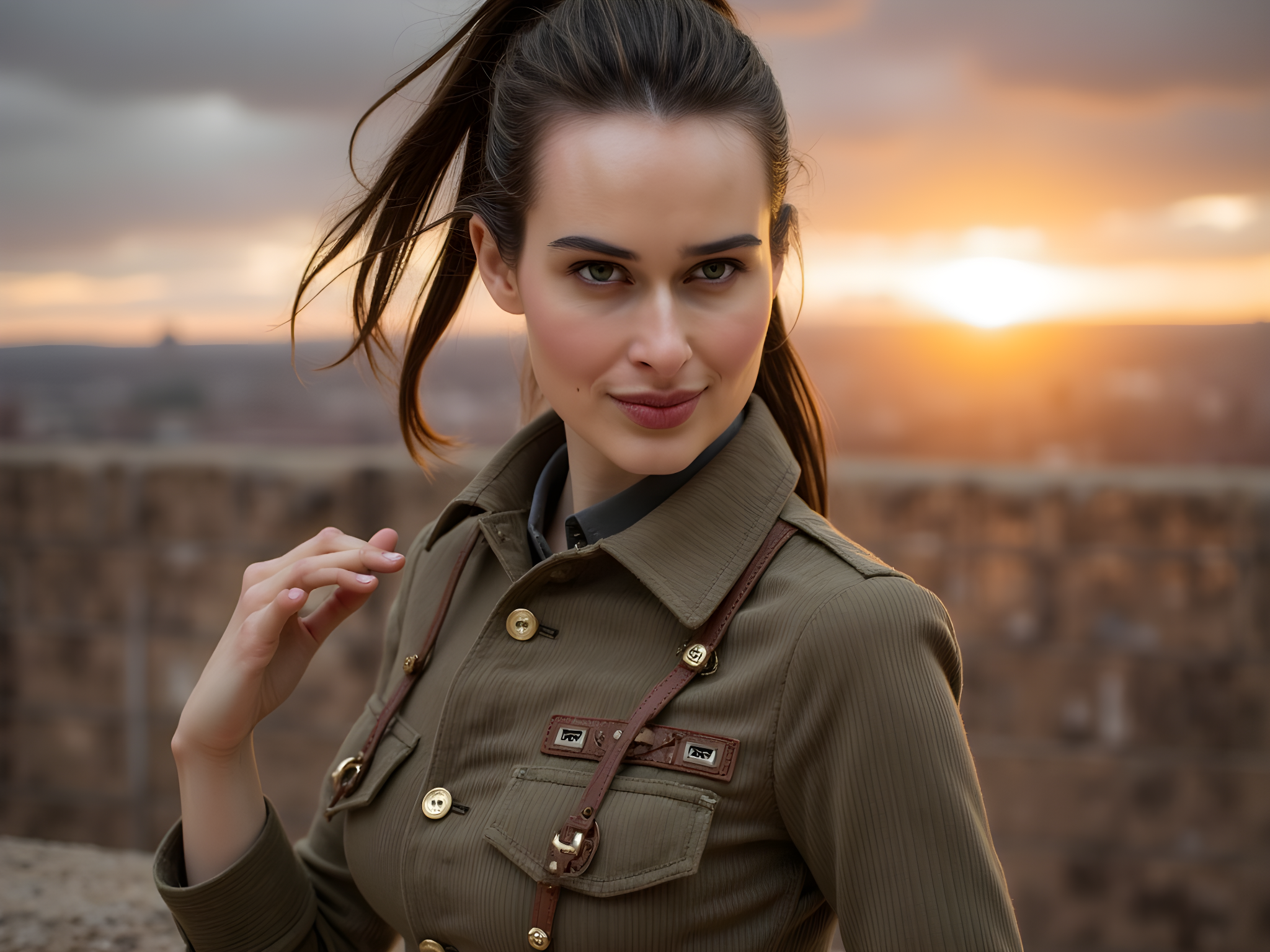 A dynamic portrayal of a female character, aged 28, embodying the fierce essence of Mikasa Ackerman from Attack on Titan. Clad in a meticulously tailored, fitted military uniform crafted from olive green cotton twill, the outfit features intricate detailing such as brass buttons and leather belts. Her waist is accentuated by a durable, utility-inspired belt, while her dark, flowing hair is styled in a high ponytail, cascading defiantly down her back. She stands poised upon a crumbling fortress wall, backlit by the setting sun, which casts dramatic shadows across her determined expression. The atmospheric backdrop of a darkened sky and distant Titans provides tension, while her confident stance and gripping dual swords echo the spirit of a warrior ready to defend humanity. The photograph captures an adrenaline-fueled moment, balancing elegance and combat readiness, designed for a high fashion editorial with anime-inspired undertones.
