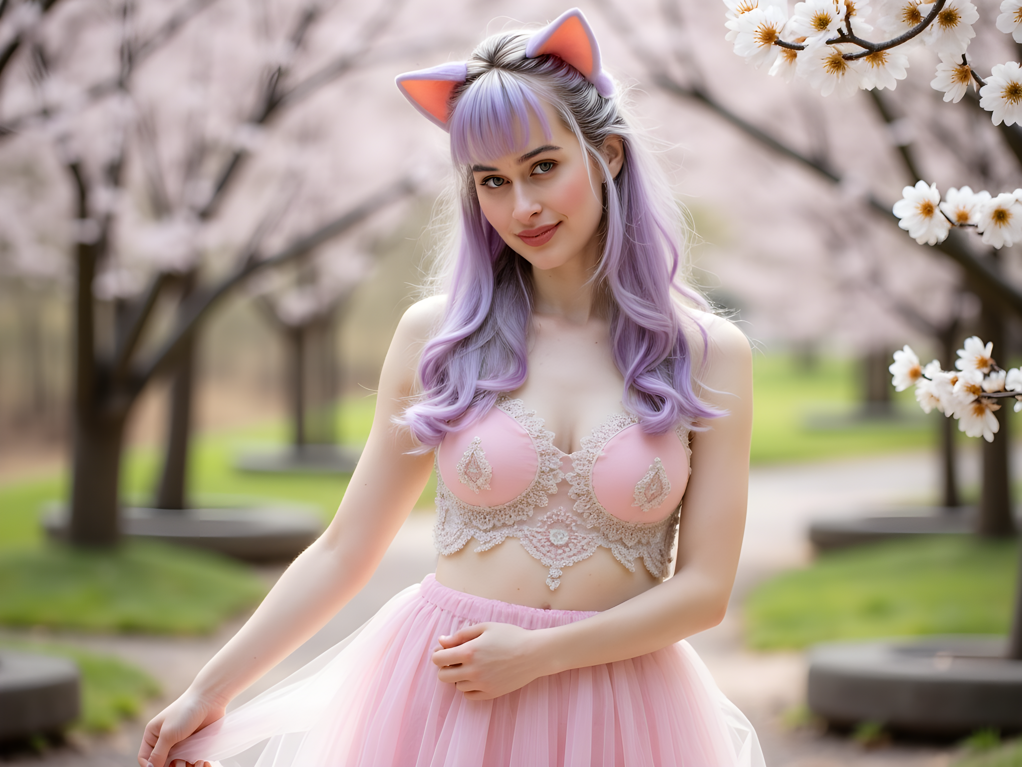 A captivating female figure, aged 28, embodying the enchanting spirit of Neko-hime. Dressed in an ethereal ensemble made of soft pastel layers, the outfit features a billowing chiffon skirt and a fitted bodice adorned with delicate lace and cat-ear motifs. Whimsical cat ears peek through her cascading, wavy lavender hair, which is styled in playful pigtails. She stands gracefully in a sun-drenched garden, surrounded by blooming cherry blossoms, her expression a blend of mischief and sweet allure. The light filters softly through the trees, creating a dreamy atmosphere that enhances her playful yet regal demeanor. This portrait captures the essence of fantasy and elegance, evoking the charm of a modern fairy tale character with a dash of whimsy.