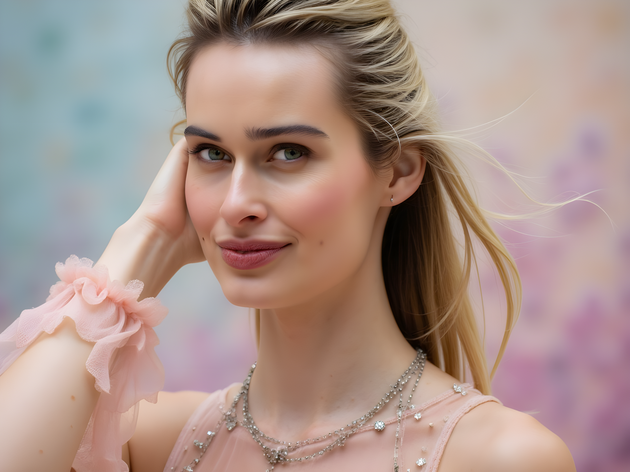 A captivating female figure, aged 28, embodies the ethereal elegance of a dreamscape, dressed in a flowing gown of iridescent chiffon georgette that reflects the soft hues of dawn—pinks, purples, and blues melding like the sky at twilight. The gown features delicate hand-pleated cascades that whisper with movement, and a fitted bodice with subtle lace embroidery. Her hair, styled in loose waves, cascades around her shoulders like liquid silk, adorned with tiny, twinkling stars that echo the celestial theme. The pose is graceful yet powerful, her body curving elegantly as if caught in a gentle breeze, one arm raised delicately to frame her face, the other resting softly at her side. Lighting is soft and diffused, bathing her in a warm glow, with a blurred background of abstract, swirling colors that suggest the dreamlike quality of her surroundings. This image evokes a sense of wonder and fantasy, inviting the viewer into a world of imagination and beauty, celebrating the artistry of the ethereal in modern femininity.