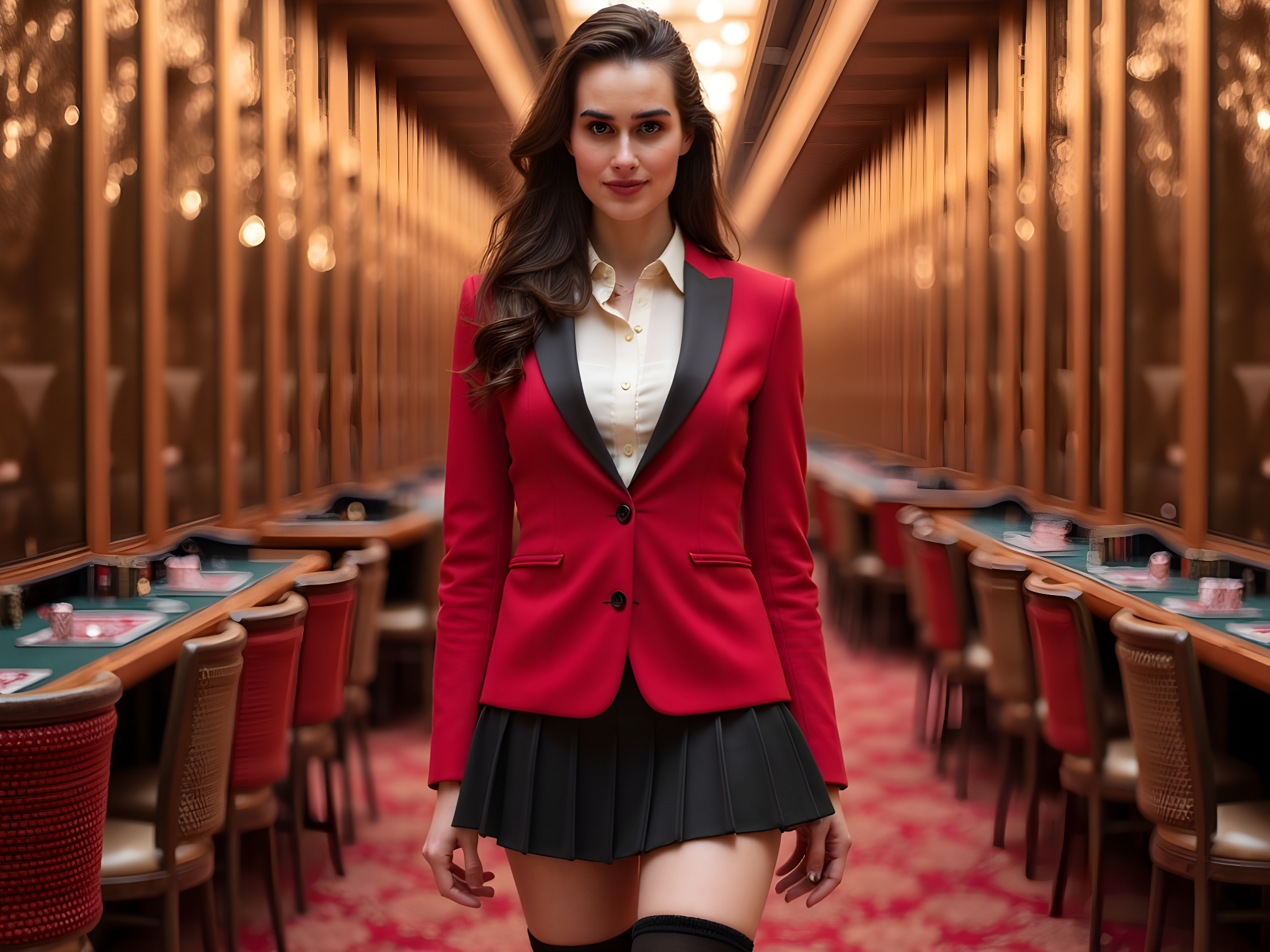 A striking portrayal of a female character, aged 28, inspired by Yumeko Jabami from the anime 'Kakegurui.' She stands against a backdrop of opulent casino decor, dressed in a tailored red blazer with black lapels and a white blouse. The blazer is cinched at the waist, accentuating her figure with sharp, tailored cuts. The ensemble is completed with a black pleated mini skirt and knee-high socks, echoing her playful yet dangerous allure. Her long, dark hair cascades in soft waves, framing her face, which sports a captivating, confident smile that hints at her cunning nature. The lighting casts a warm glow, enhancing her vibrant personality and the glint of gambling chips scattered around her. This composition exudes a blend of charm and intensity, encapsulating her as a bold, femme fatale in the high-stakes world of gambling.