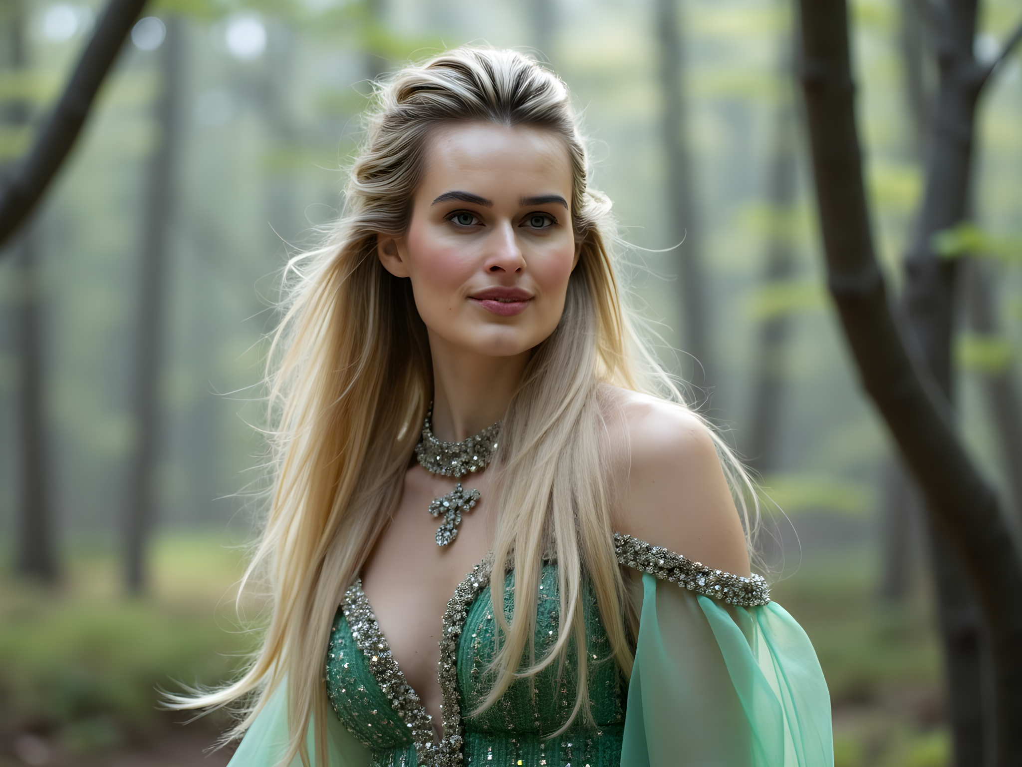 A captivating female cosplayer, aged 28, embodies the enchanting essence of a mystical forest queen. She wears an intricate gown of shimmering emerald chiffon with cascading layers that mimic the delicate leaves of her enchanted realm. The gown features delicate embroidery of silver vines and floral motifs, enhancing her ethereal presence. Elaborate silver leaf accessories crown her hair, which cascades in free-flowing waves, adorned with tiny LED lights that twinkle like stars. As she stands in a misty, enchanted forest, soft dappled sunlight filters through the trees, highlighting her radiant skin and creating an otherworldly glow. Her expression is a blend of serenity and strength, with a gaze that draws viewers into her fantasy world, evoking the magic and allure of fairytales.