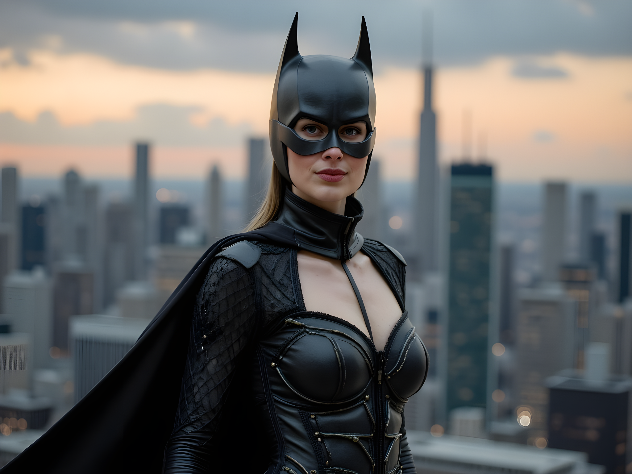 A striking portrait of a female figure, aged 28, reimagined as a fierce and empowering version of Batwoman. She stands poised against a city skyline at twilight, the metropolis glittering in the background. Draped in a tailored, sleek black latex bodysuit that clings to her form, the suit is intricately detailed with metallic accents reminiscent of armor. A dramatic cape billows behind her, catching the evening breeze, while a sophisticated cowl frames her face, emphasizing her sharp features. Her expression is one of determination and strength, with piercing eyes that seem to see through the darkness. The lighting is moody and atmospheric, filled with deep shadows and highlights that sculpt her figure, creating a sense of both allure and power. This image channels the essence of a modern superheroine, embodying resilience and inner strength, transcending traditional comic book aesthetics into high fashion.