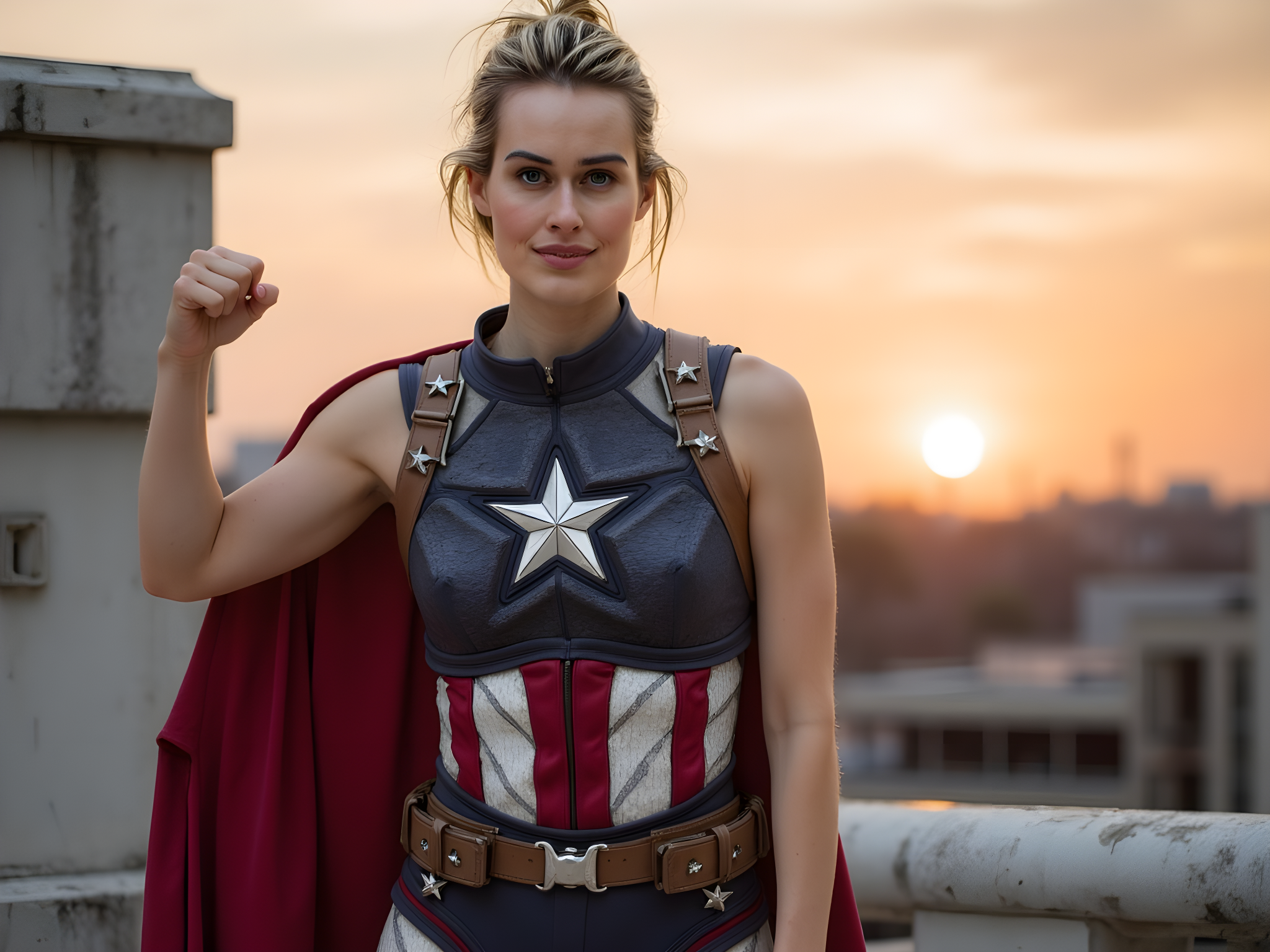 A powerful female figure, aged 28, embodies the spirit of Captain America, exuding strength and resilience. Dressed in an innovative superhero costume, she wears a fitted, asymmetric bodysuit crafted from high-shine navy neoprene, adorned with metallic stars and stripes that shimmer as she moves. The suit features sculpted shoulders and a dynamic cape that flows dramatically behind her. Her short, windswept hair frames an assertive face, with piercing blue eyes that echo Captain America's iconic gaze. She stands heroically on a weathered urban rooftop, with the city's skyline stretching out behind her, bathed in warm, dramatic sunset light that creates a halo effect around her. The pose is strong and determined, one fist clenched at her side, the other hand poised to throw a shield—symbolizing readiness and bravery. The overall composition pays homage to both comic book art and contemporary fashion, connecting legacy with modern strength.