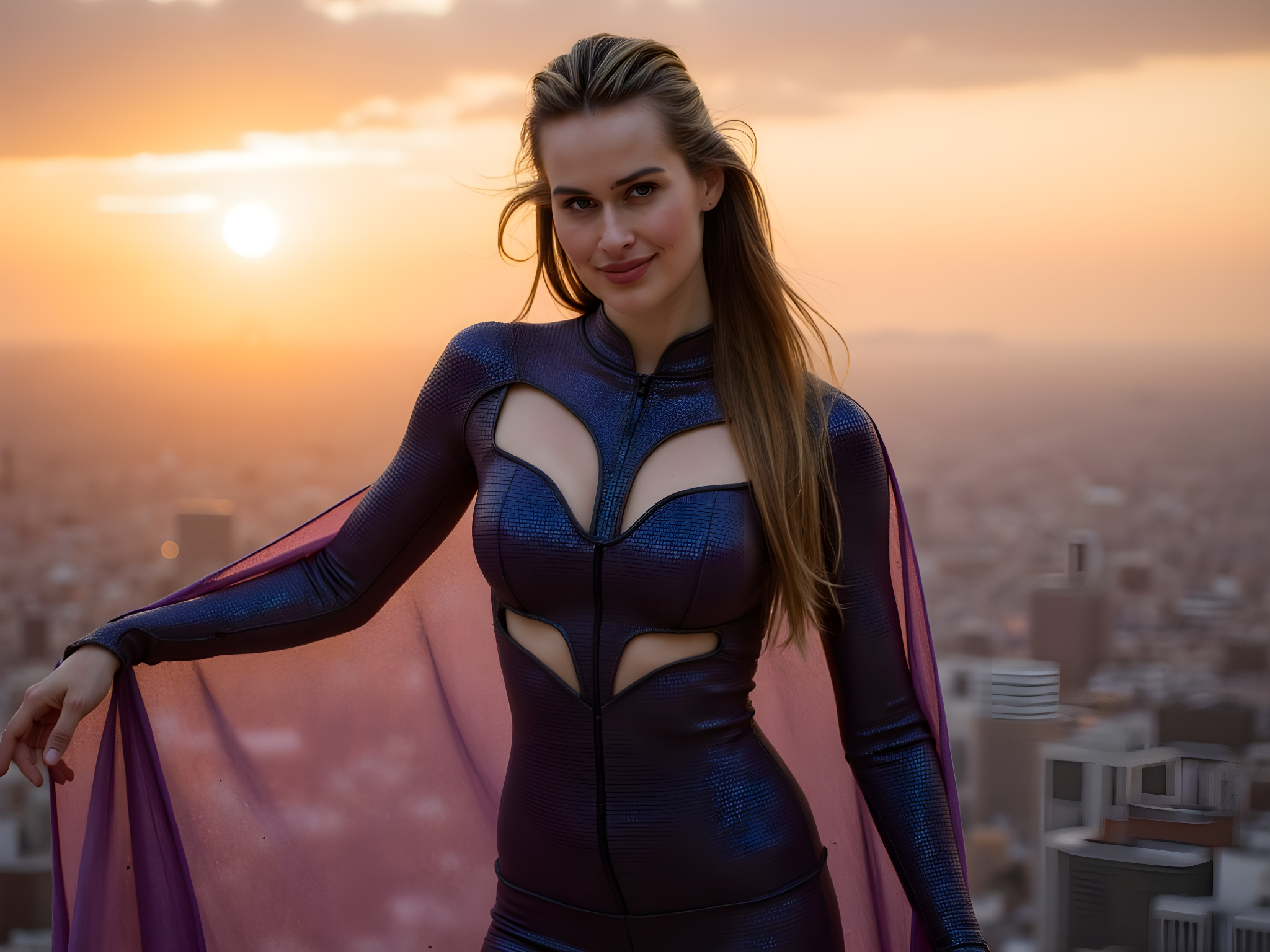A striking female superhero, aged 28, stands poised atop a skyscraper at dusk, her silhouette framed against a dramatic sunset. Clad in a skin-tight, iridescent bodysuit that shimmers with shades of midnight blue and electric violet, the suit features angular cutouts that suggest both strength and agility. A flowing cape, reminiscent of starlit skies, billows majestically behind her, catching the last rays of sunlight. Her long hair, cascading like a waterfall, dances in the wind, while her expression is fierce, embodying determination and bravery. The scene is illuminated by dynamic lighting that casts powerful shadows, emphasizing her athletic physique and fierce demeanor. This image captures the essence of modern heroism, merging fashion with fantasy in an extraordinary tableau.