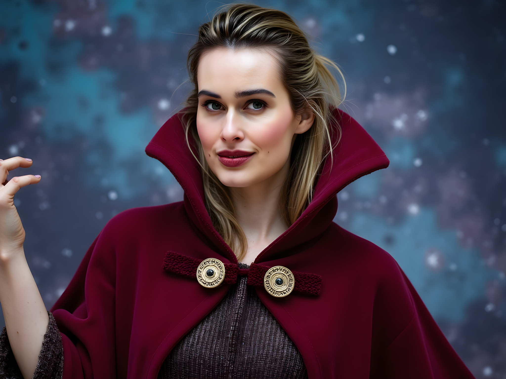 A captivating female figure, aged 28, channels the enigmatic essence of Doctor Strange in a high-fashion editorial shoot. She is adorned in a dramatic cloak of deep crimson velvet, embossed with mystical symbols in gold thread that shimmer under the spotlight. The gown, featuring a high collar and flowing train, embodies sorcery and allure, accentuating her statuesque silhouette. Her expressive makeup includes ethereal silver eyeshadow and deep burgundy lips, enhancing her otherworldly presence. The background is an abstract swirl of cosmic colors—deep blues and purples mixed with twinkling stars, creating a sense of dimensionality and magic. The lighting operates in chiaroscuro, sculpting her striking features that convey both strength and mystery. The pose is dynamic, one hand raised as if conjuring a spell while the other rests confidently on her hip, asserting dominance and grace. This image encapsulates the fashion-forward fusion of superhero aesthetics and high couture, designed to inspire awe and wonder in the viewer.