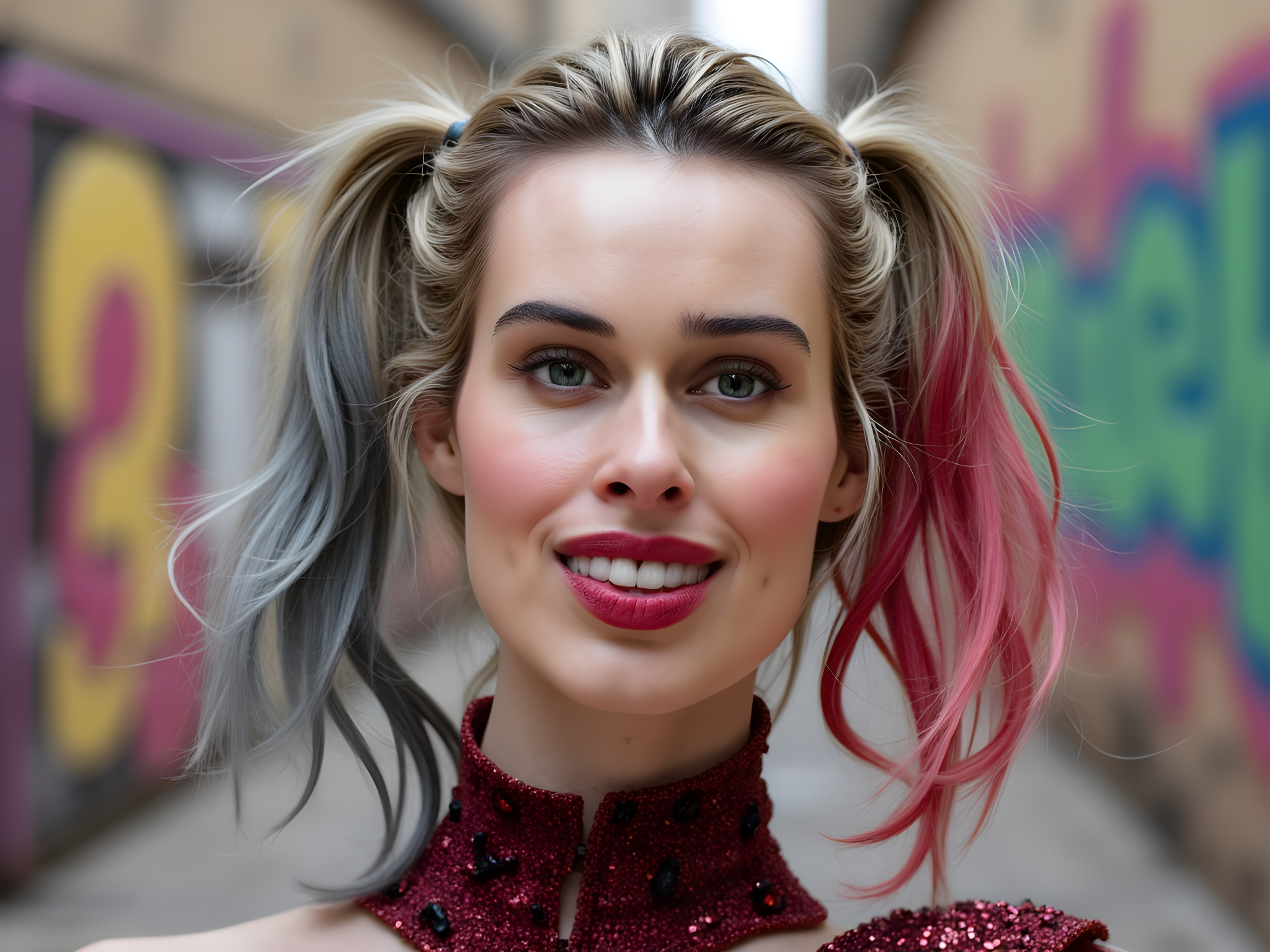 A vibrant portrayal of a female character, OD62S, aged 28, embodying the playful and chaotic spirit of Harley Quinn. She is dressed in a carefully constructed costume featuring a fitted red and black bodysuit made of shimmering satin, adorned with playful jester patterns. Her hair is styled in two high pigtails, one side dyed red and the other black, each cascading with loose waves. Her expression is bright and happy, with a mischievous smile and striking makeup, including bold red lips and dramatic eye shadow. The background is a whimsical urban setting filled with colorful graffiti, emphasizing her lively personality. The lighting is bright and cheerful, capturing the essence of a joyful street celebration, ensuring her playful character shines through this hyper-realistic representation.