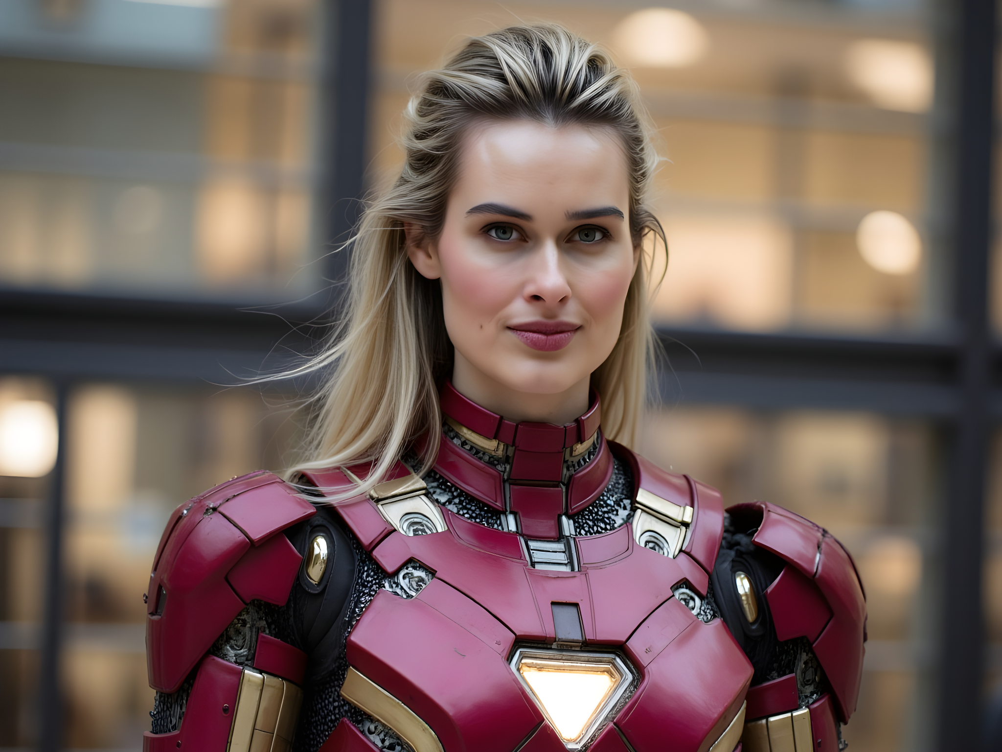 A striking portrait of a female figure, aged 28, embodying the essence of Iron Man with a fashionable twist. She dons a stunning, custom-made suit that seamlessly merges elements of haute couture and futuristic technology. The suit features sleek metallic panels in deep ruby and gold, with intricate detailing resembling armor plating, and a luminous arc reactor in the chest. Her hair is styled in a sleek bob with an iridescent sheen, and her makeup is bold with metallic accents reflecting the suit's colors. Set against an industrial backdrop of steel and glass, the lighting bathes her in a warm glow, emphasizing the armor’s contours and her fierce expression. This image captures both strength and femininity, portraying a modern-day warrior in a moment of poised power.