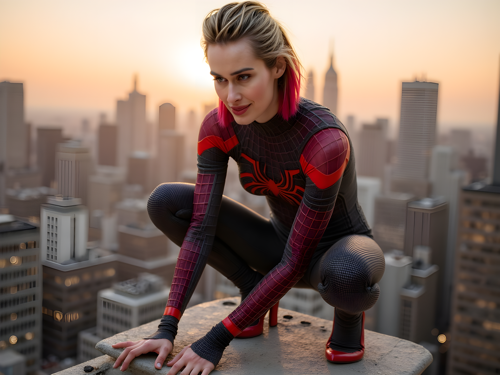A striking female figure, aged 28, embodies the modern femme fatale interpretation of Spider-Man. Draped in a sleek, form-fitting spider-silk bodysuit that shimmers with an iridescent finish, the suit features iconic web patterns in a deep midnight blue and crimson red. Her hair is styled in a fierce, asymmetrical bob, with a vibrant streak of red echoing the colors of her attire. Captured mid-action, she balances gracefully on a rooftop overlooking a bustling cityscape, the sun setting behind her, illuminating the rooftops in golden hues. She is poised in a dynamic crouch, one hand gripping the edge of a building while the other is outstretched, ready to swing into action. The image plays with dramatic shadows and highlights, emphasizing her athletic physique and confident expression. This reinterpretation of a classic superhero channels empowerment and modern femininity, a visual echo of strength and agility, perfectly poised to capture culture and innovation.