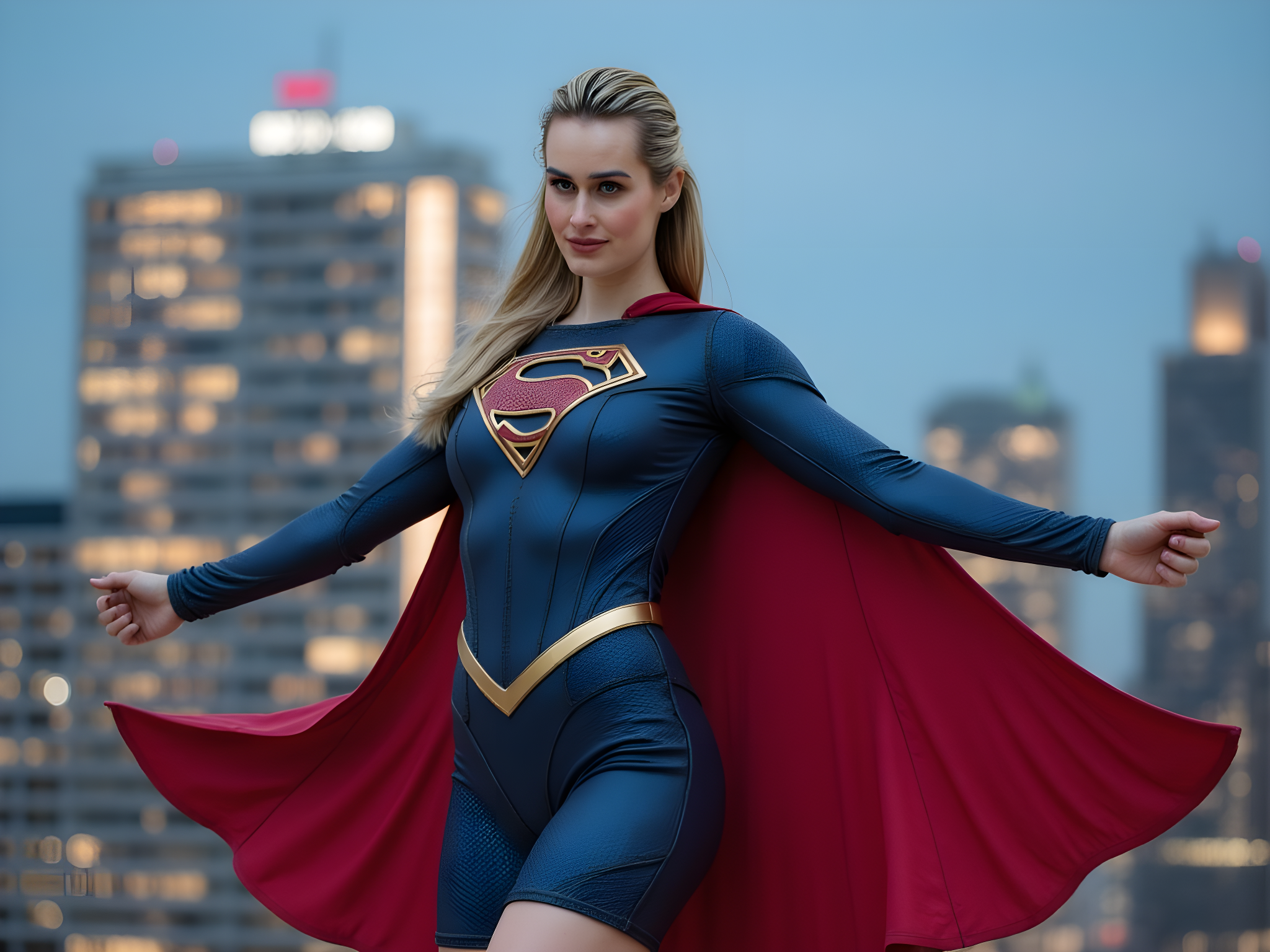 A powerful female superhero, aged 28, embodies the essence of strength and resilience in a modern reimagining of Superman. She stands tall atop a metropolitan skyscraper at dusk, dressed in a sleek navy blue bodysuit made of high-tech fabric that glimmers under the city lights. A flowing crimson cape billows behind her, catching the wind like a flag of courage. Her chest bears an emblem of a stylized 'S', intricately designed to signify empowerment. The city skyline glows in the background, blending the realities of urban life with the ethereal glow of heroism. Her expression exudes confidence, with piercing eyes that sparkle with determination. The dynamic pose, one arm outstretched as if ready to take flight, speaks volumes about her inner strength and commitment to justice. The lighting creates dramatic shadows and highlights, enhancing her sculpted physique, while a gentle mist envelops the scene, adding a layer of mystique. This image captures the spirit of a modern-day warrior and a role model for a new generation of heroes.