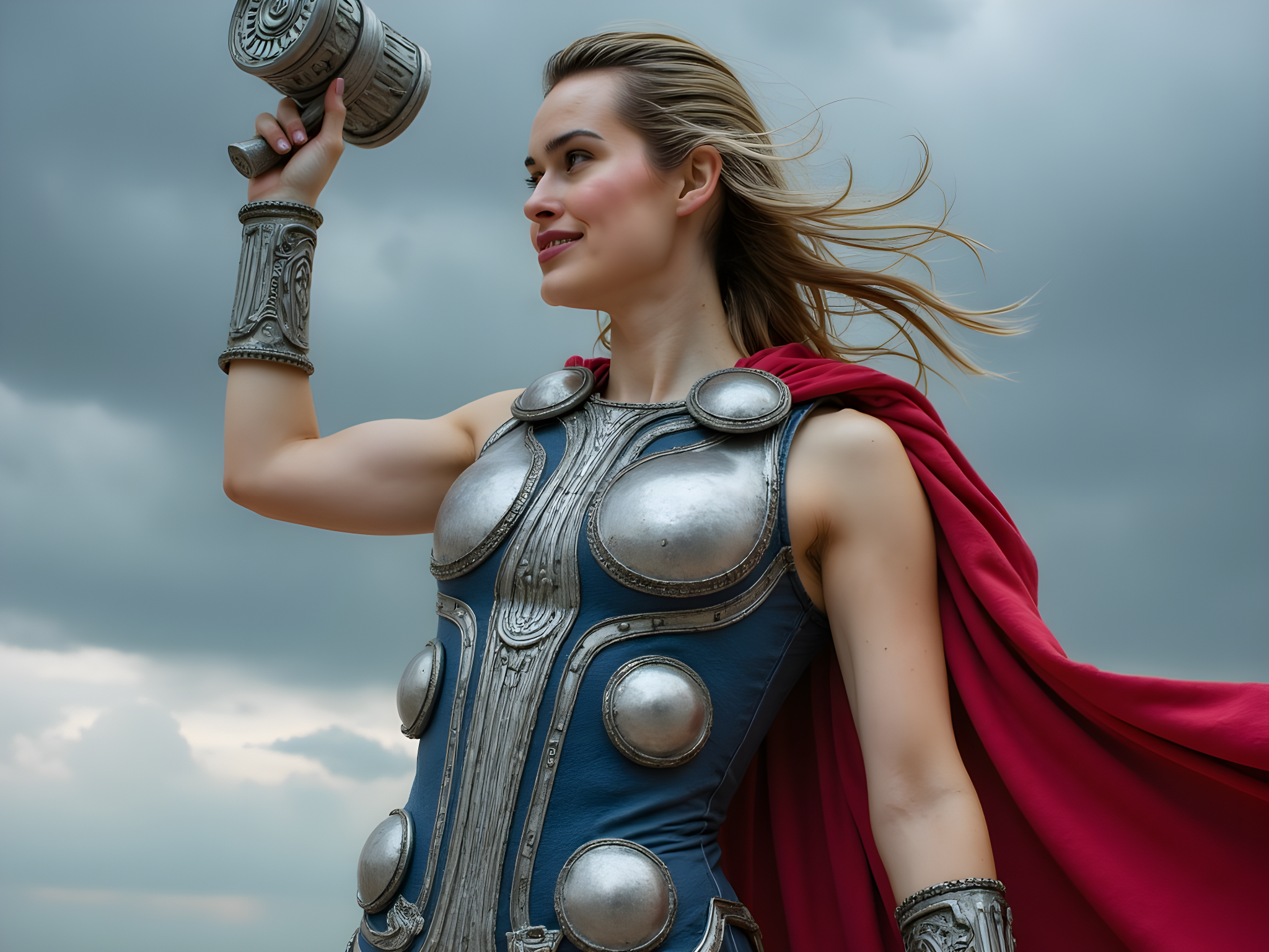 A fierce female character, aged 28, embodies the power and might of Thor, standing tall against a stormy backdrop that crackles with energy. Clad in intricately detailed armor made of shimmering metallic fabrics in shades of silver and blue, the outfit features an asymmetrical bodice with bold, angular lines, layered with flowing, iridescent capes that billow around her as though caught in a tempest. Her hair, a wild cascade of deep chestnut waves, dances with the wind, encrusted with lightning motifs. In one hand, she wields a formidable hammer, Mjölnir, raised triumphantly overhead, while the other is poised protectively at her side. Rembrandt lighting highlights the sculptural contours of her face, emphasizing her steely gaze and determined expression, invoking the essence of a formidable warrior goddess. The atmospheric setting is filled with dramatic clouds and flashes of lightning, capturing the essence of mythological valor and power.
