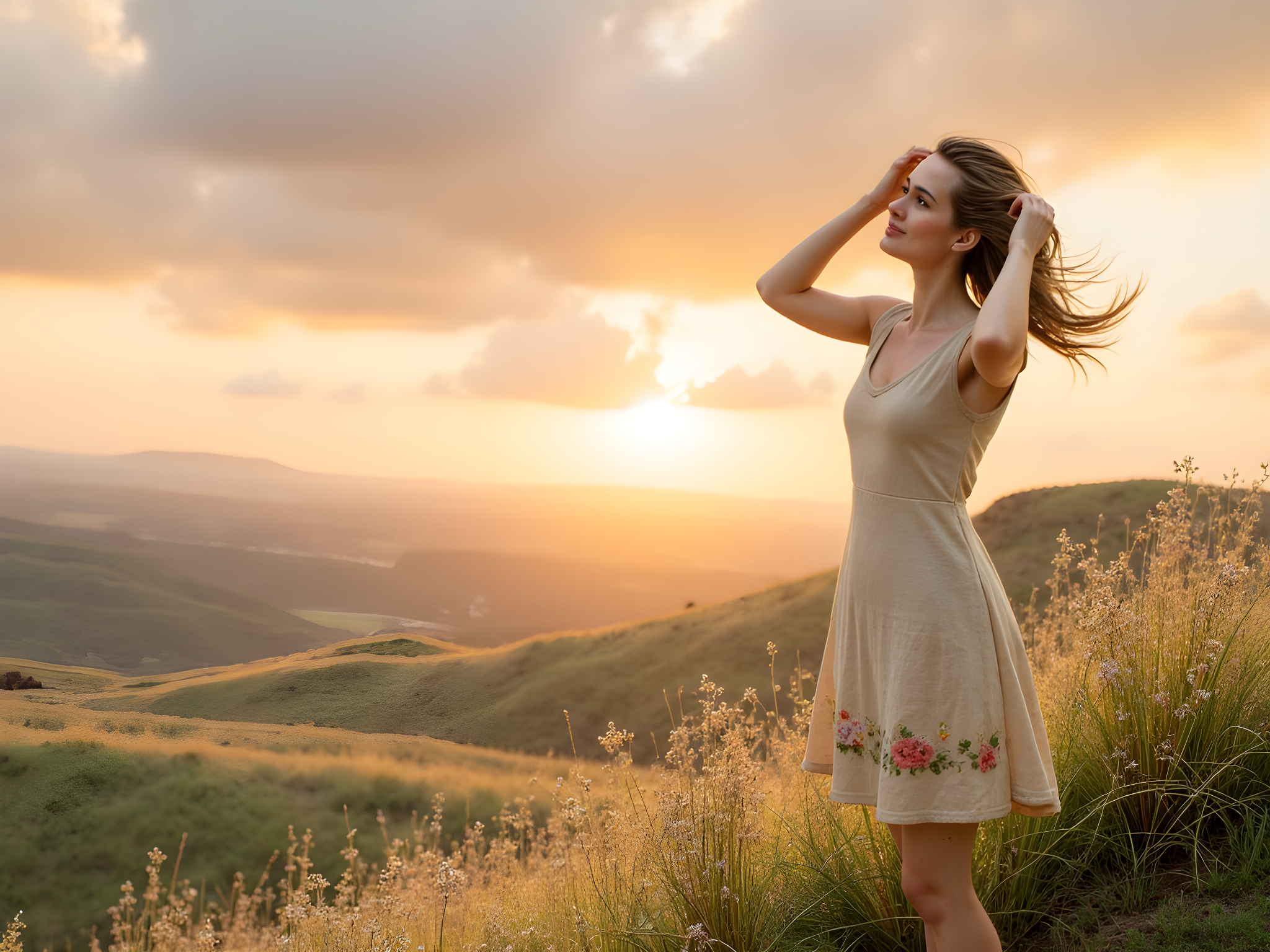 A whimsical scene featuring a spirited female character, aged 28, inspired by the enchanting worlds of Studio Ghibli. She stands on the edge of a lush, rolling hillside, adorned in a flowing, earth-toned dress made of lightweight linen that drapes gracefully around her. The dress is embroidered with floral motifs that echo the vibrant flora of her surroundings. Her long, wind-tousled hair, with a few wildflowers woven in, dances in the gentle breeze, mirroring the playfulness of the moment. Large, expressive eyes convey a mixture of wonder and adventure, reminiscent of Ghibli heroines. The background features a vibrant and fantastical land—rolling hills dotted with colorful wildflowers and a sky painted in soft pastels of a sunset, evoking a dreamlike quality. The overall composition encapsulates the essence of exploration and magic, capturing the spirit of a vibrant, animated world.