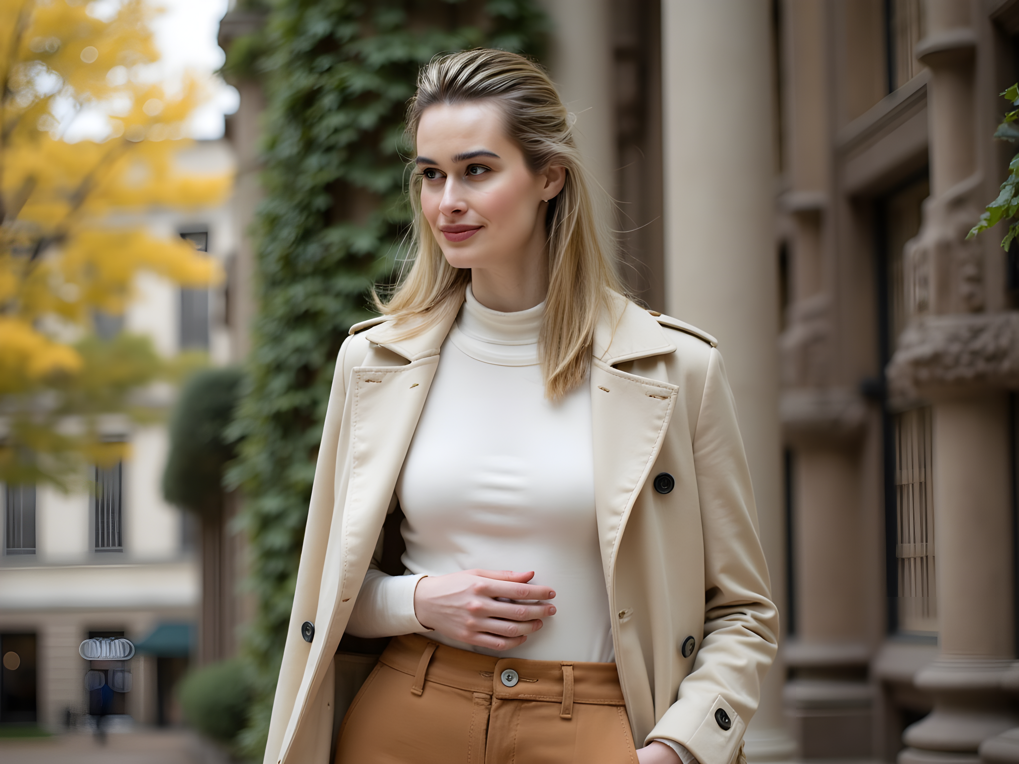 A female figure, aged 28, embodies the essence of youthful sophistication as she stands confidently in front of a distinguished campus landmark, reminiscent of a grand university building. Dressed in a tailored, cream-colored trench coat over a chic, fitted turtleneck and high-waisted caramel trousers, she exudes an air of intellectual elegance. The soft morning light filters through the autumn leaves, casting a warm glow that highlights her radiant complexion and tousled hair. Her pose is relaxed yet statuesque, one hand casually tucked into her pocket, the other gently grazing the collar of her coat, suggesting thoughtful contemplation. The historic architecture in the background, with its ivy-clad walls and ornate stonework, frames her like a portrait of modern academia, symbolizing ambition and grace. This image captures the vibrant spirit of campus life, merging classic beauty with contemporary style, evoking a sense of nostalgia and aspiration.