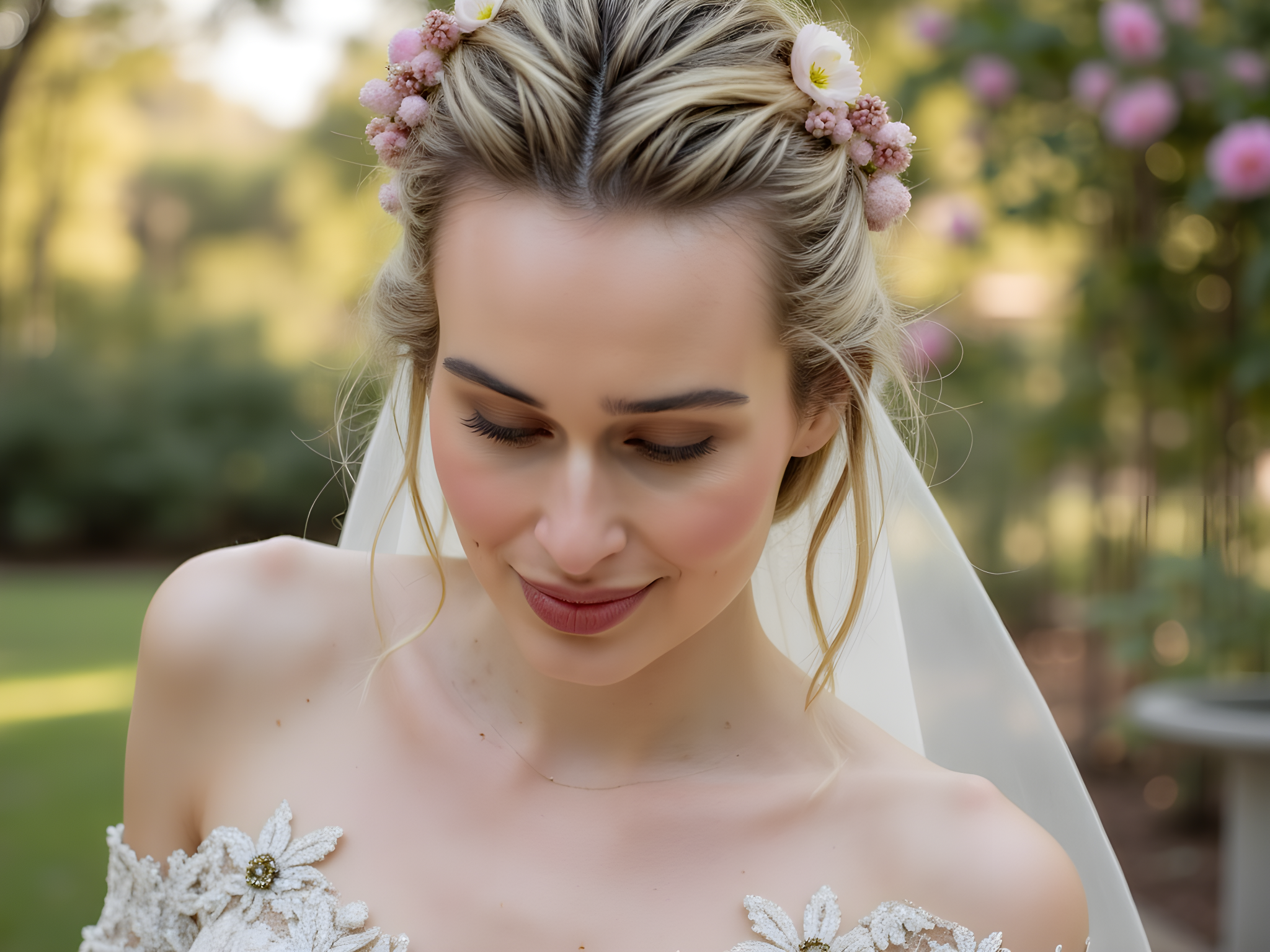 A breathtaking portrait of a 28-year-old woman, embodying the ethereal beauty of a modern bride during an intimate garden ceremony. She is adorned in a delicate, off-the-shoulder lace gown, featuring intricate floral appliqués and a flowing train that cascades behind her like a gentle stream. Her hair is elegantly styled in loose waves, intertwined with fresh blooms, complementing the romantic ambiance. The setting is bathed in golden hour light, casting a warm glow that highlights her serene expression and the soft contours of her face. Her hands, gracefully clasped in front of her, reveal a matching lace bridal veil that drapes softly around her shoulders, whispering elegance. The background is a blur of lush greenery and soft pastels, creating an enchanting fairy-tale atmosphere, enhancing the sense of love and celebration. This image captures the essence of romance, tranquility, and the magic of a wedding ceremony, evoking emotions of joy and anticipation.