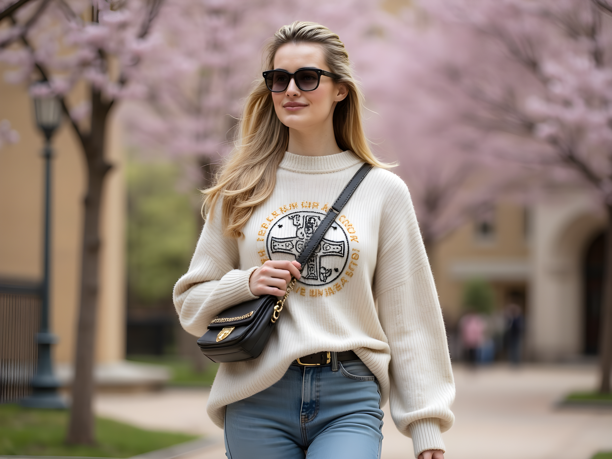A radiant female student, aged 28, embodies the spirit of youthful empowerment as she strides confidently across a sunlit university campus. Dressed in an oversized, ivory cashmere sweater with the university's emblem, she pairs it with high-waisted, faded denim jeans, studded ankle boots, and a chic crossbody bag. Her wavy hair dances in the breeze, framing her face, while oversized black sunglasses provide an air of carefree sophistication. The background features iconic Gothic architecture and blooming cherry blossom trees, creating a picturesque academic environment. The image captures a moment of modern feminism, celebrating the pursuit of knowledge and personal expression, perfectly suited for a contemporary lifestyle magazine. Her expression is one of determination and joy, radiating a blend of ambition and youthful exuberance.