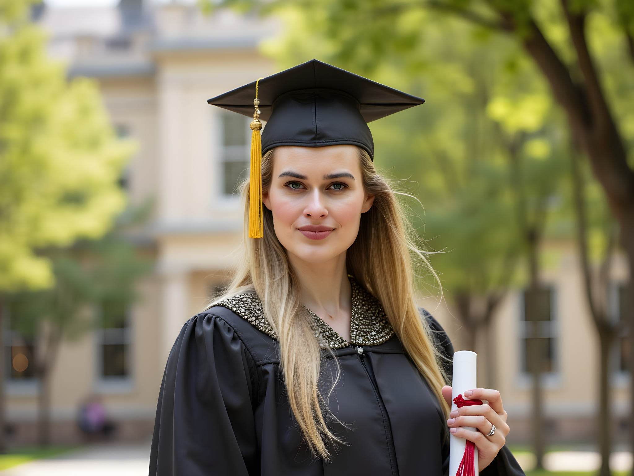 A poised female graduate, aged 28, stands proudly in an elegant, flowing black graduation gown adorned with intricate gold embroidery along the edges. A matching mortarboard rests atop her meticulously styled hair, with strands framing her glowing face. She holds a rolled diploma in one hand, while the other rests on her hip, exuding confidence. Behind her, a blurred backdrop of a sunlit university campus—lush green trees and historical architecture—serves as a celebratory context. The composition captures a moment of achievement, the sunlight casting a warm glow, emphasizing her radiant expression. This image embodies empowerment, hope, and the promise of new beginnings, worthy of a high-quality editorial spread.