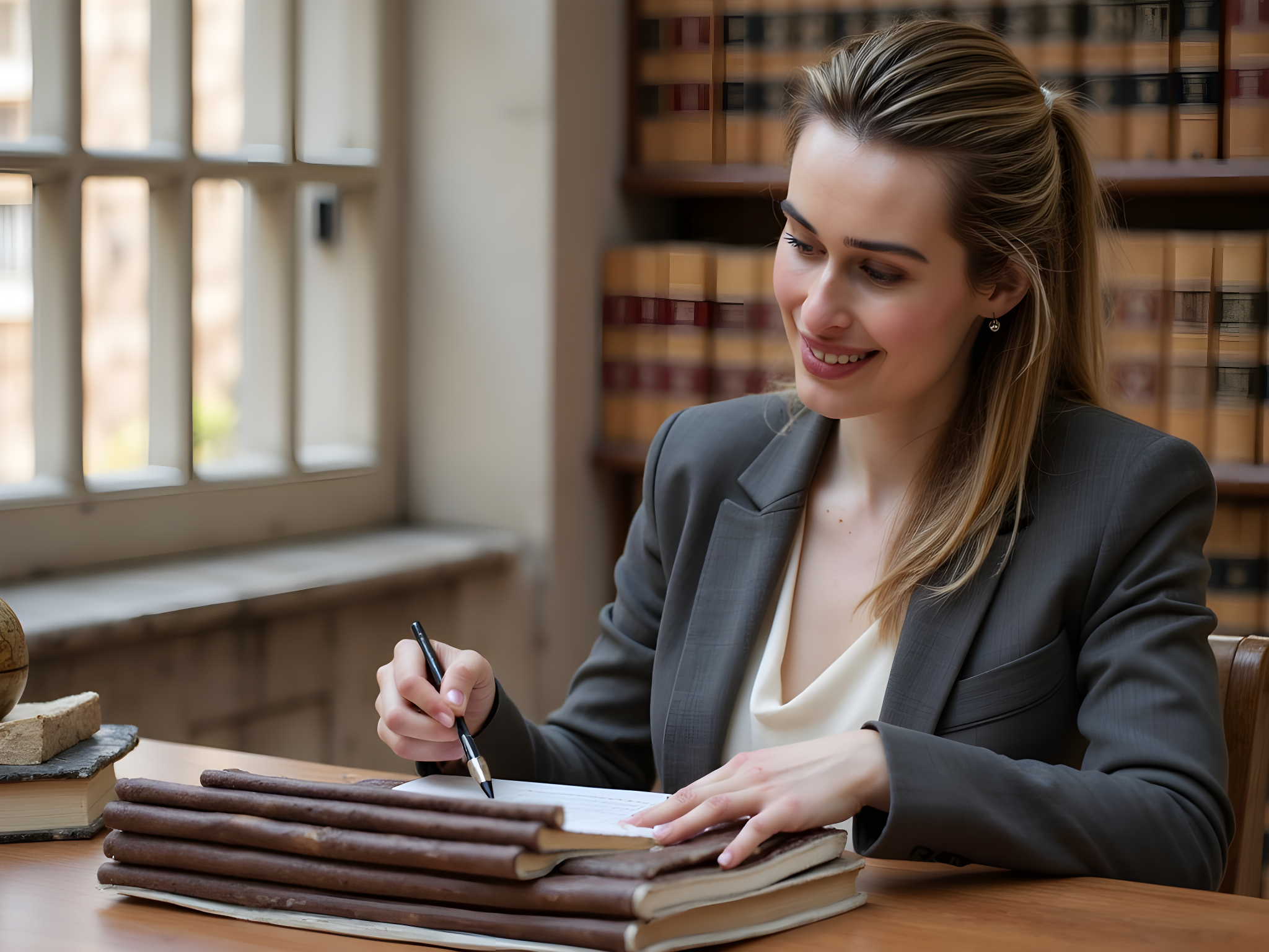 A poised and ambitious female graduate student, aged 28, seated on a grand oak desk in an academic setting that exudes intellectual elegance. She wears a tailored charcoal grey blazer over a soft ivory silk blouse, paired with high-waisted black trousers, illustrating her sophisticated yet modern approach to academia. Her hair, in loose waves, cascades over one shoulder, framing her focused expression as she reviews notes meticulously. Sunlight filters through a large, classical window, casting geometric patterns that dance across the rich wooden surfaces. Surrounding her are stacks of leather-bound books and an antique globe, signifying the weight of knowledge, her passion radiating through the composition. This image captures the essence of ambition and determination, reflecting the transformative journey of pursuing a graduate degree, inviting viewers to share in her intellectual world.