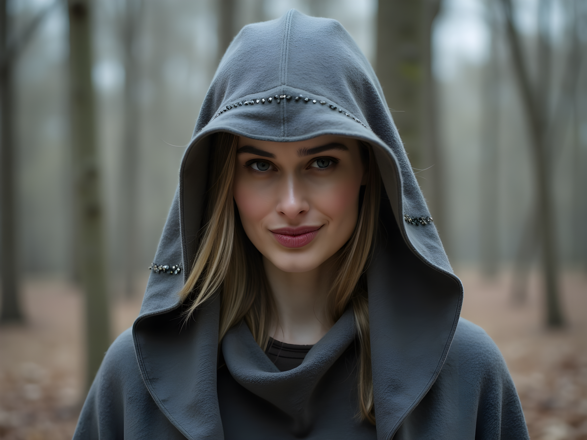 A striking female figure, aged 28, embodies modern mystique in a high-fashion editorial. She is shrouded in a flowing, oversized hooded cloak made from luxurious charcoal silk that cascades around her like a shadowy waterfall. The intricate embroidery along the edges glimmers subtly, hinting at ancient symbols of power. Her face is partially obscured by the hood, casting dramatic shadows yet revealing piercing, confident eyes that speak of a hidden strength. The background features a misty forest, where ethereal light filters through the trees, adding an otherworldly atmosphere that enhances the sense of intrigue. The composition captures a captivating juxtaposition of vulnerability and empowerment, with the soft, billowing fabric contrasting the sturdy, grounded forest setting, creating a visual narrative of transformation and inner strength.