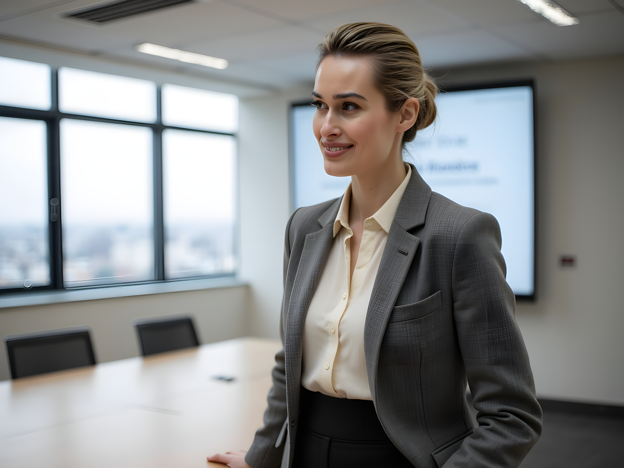 A poised female scholar, aged 28, confidently presenting her thesis defense in a sleek, modern conference room. She wears a tailored charcoal gray blazer over a crisp ivory silk blouse, paired with high-waisted black trousers that elongate her silhouette. Her hair is neatly pulled back into a chic bun, showcasing her sharp, studious features. The composition centers on her, with the light from large windows casting a soft glow that highlights her focused expression. Behind her, an elegant presentation screen displays key points of her research, drawing attention to her intellect and passion. The atmosphere is charged with anticipation and reverence for academic achievement, evoking a sense of empowerment and professionalism as she embodies the future of academia.