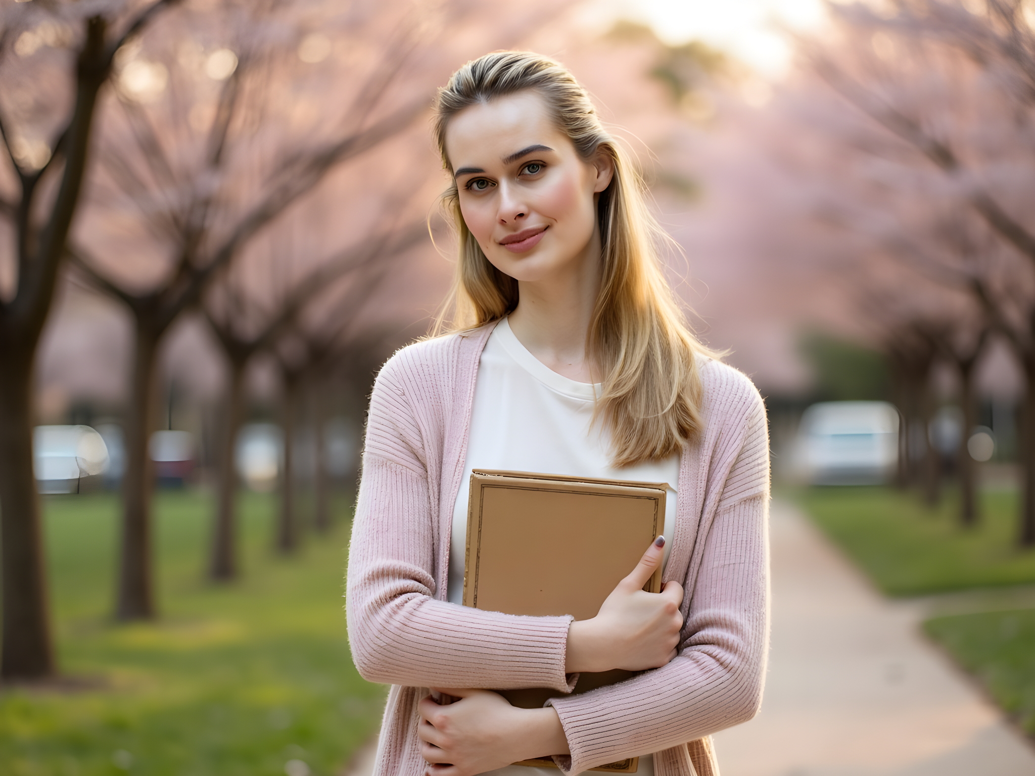 A spirited 28-year-old woman, embodying the essence of youthful elegance on a vibrant university campus. She stands confidently in an oversized yet stylish pastel knit cardigan layered over a crisp white blouse, paired with high-waisted, tailored trousers in soft beige. Her hair cascades in loose waves, framing her face as she holds a stack of vintage books close to her chest. The background features iconic campus architecture, with lush greenery and a hint of blooming cherry blossoms, suggesting the rejuvenating spirit of spring. The scene is bathed in warm, golden hour sunlight, creating a soft glow that accentuates her radiant smile and inviting demeanor. This composition balances casual sophistication with academic charm, encapsulating the transformative journey of both education and self-discovery.