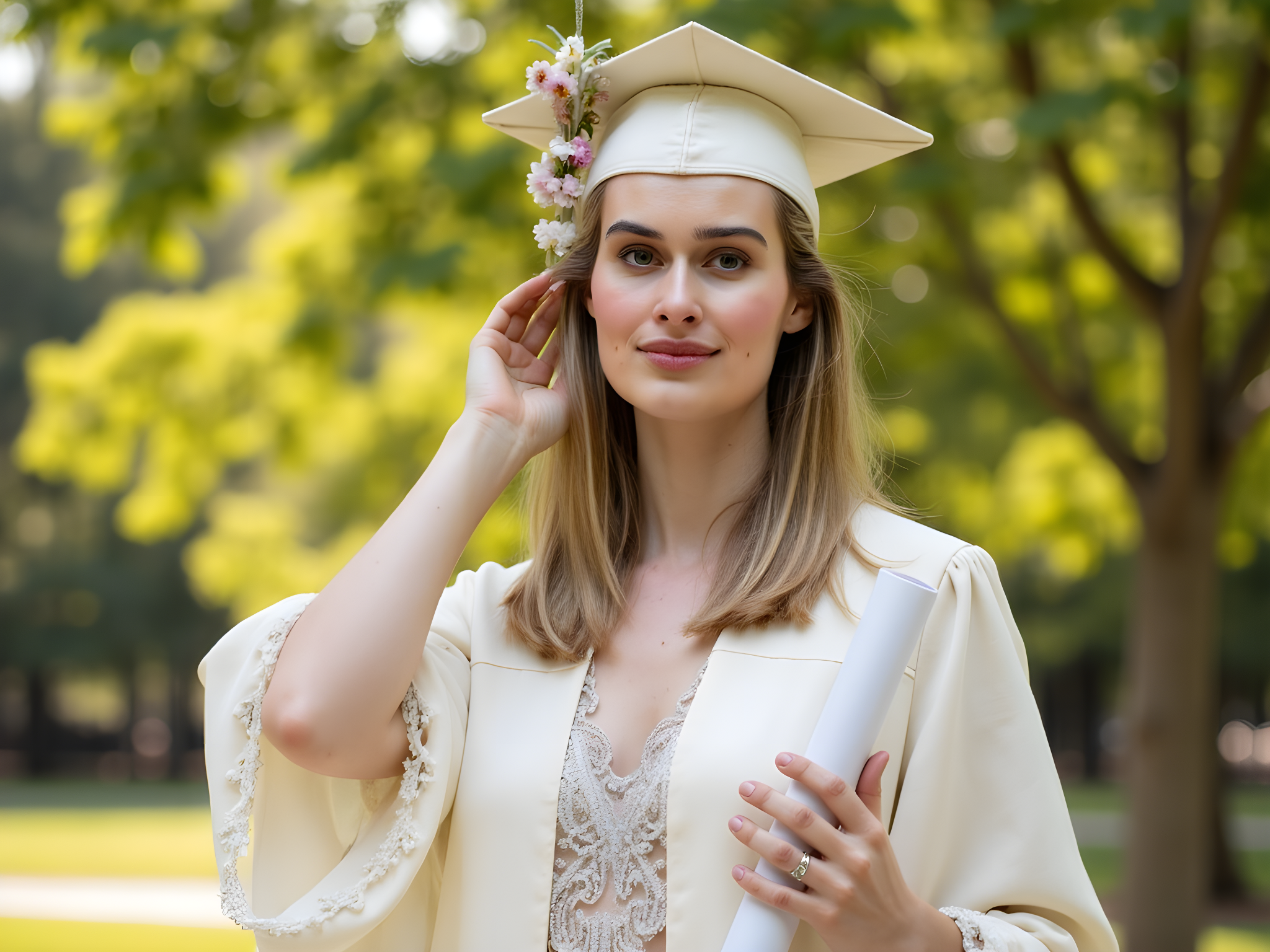 A radiant 28-year-old woman, embodying the joy and pride of graduation, is standing in a verdant park setting. She wears a flowing, ivory graduation gown with delicate lace detailing at the sleeves, cinched at the waist with a soft satin ribbon. Her mortarboard is adorned with a sprig of fresh flowers, adding a touch of whimsy to her polished look. She holds her diploma tightly in one hand while her other hand gracefully brushes a strand of hair behind her ear, exuding a sense of accomplishment and hope for the future. The golden hour sunlight bathes her in a warm glow, illuminating her expressive smile and the shimmering fabric of her gown. The background features leafy greenery and playful dappled light, evoking a sublime sense of achievement and new beginnings, worthy of a high-end fashion editorial shoot.