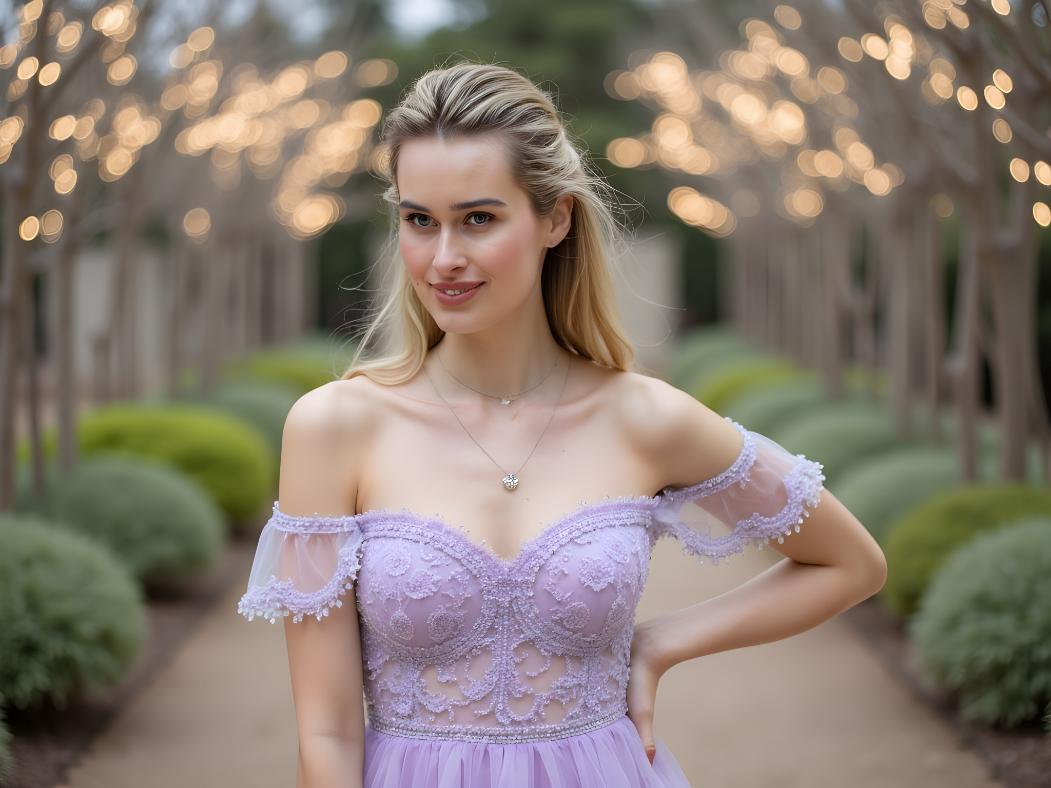 A striking portrait of a 28-year-old woman, embodying the nostalgic spirit of a modern-day high school prom queen. She wears a pastel lavender off-the-shoulder gown made of chiffon georgette, adorned with intricate lace appliqués that whisper of youthful elegance. The dress features a cinched waist and a flowing A-line skirt that sways gently as she poses. Her hair, styled in loose waves, cascades down her shoulders, while delicate silver jewelry glistens against her sun-kissed skin. She stands amidst a whimsical garden setting, with fairy lights dripping from branches, evoking a sense of romantic enchantment. Her confident gaze meets the lens, conveying a blend of nostalgia and aspiration, as if she is ready to embrace her future while cherishing her past. The lighting is soft and dreamy, highlighting her features and creating a magical aura around her.